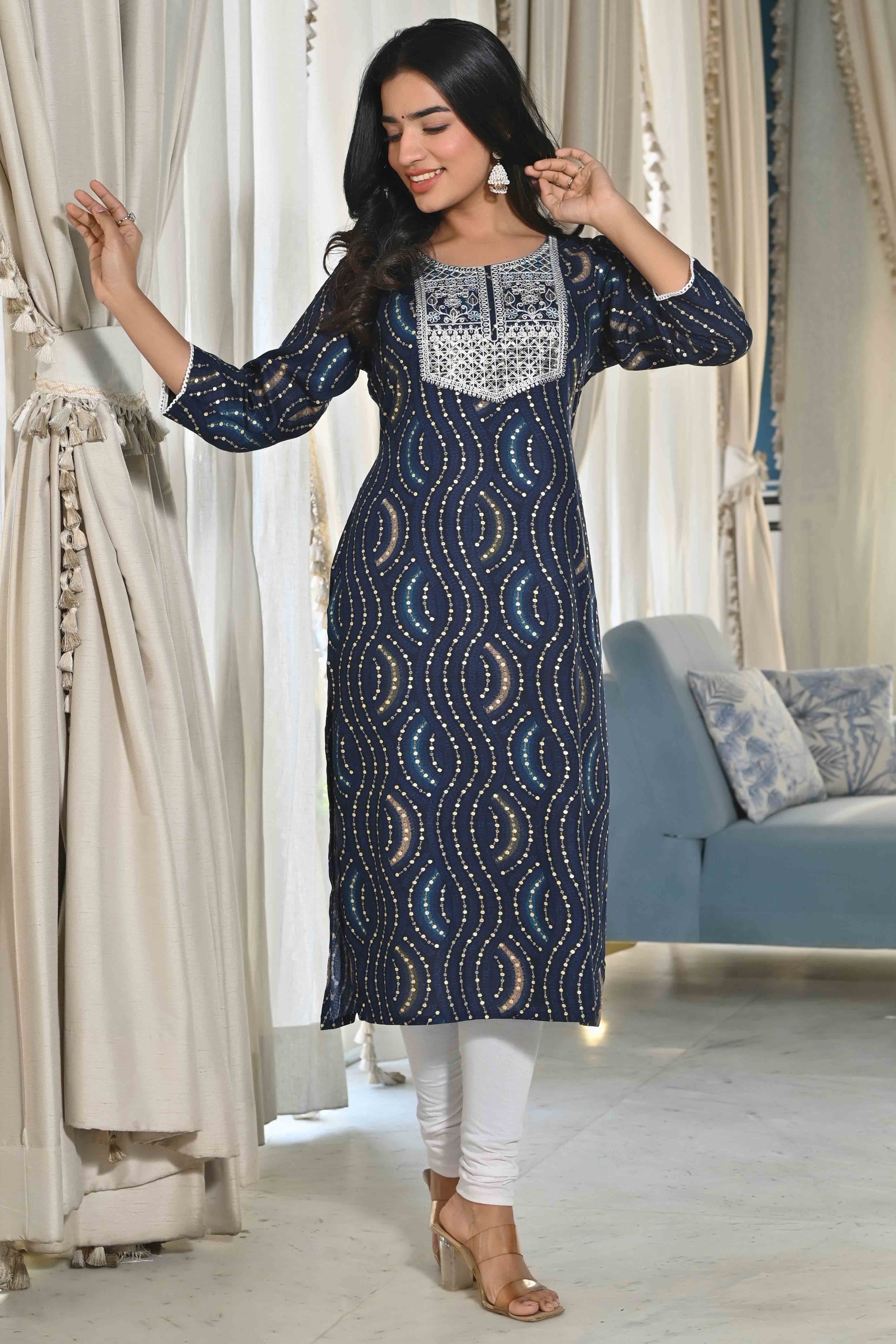 Blue Foil Printed Rayon Straight Kurti