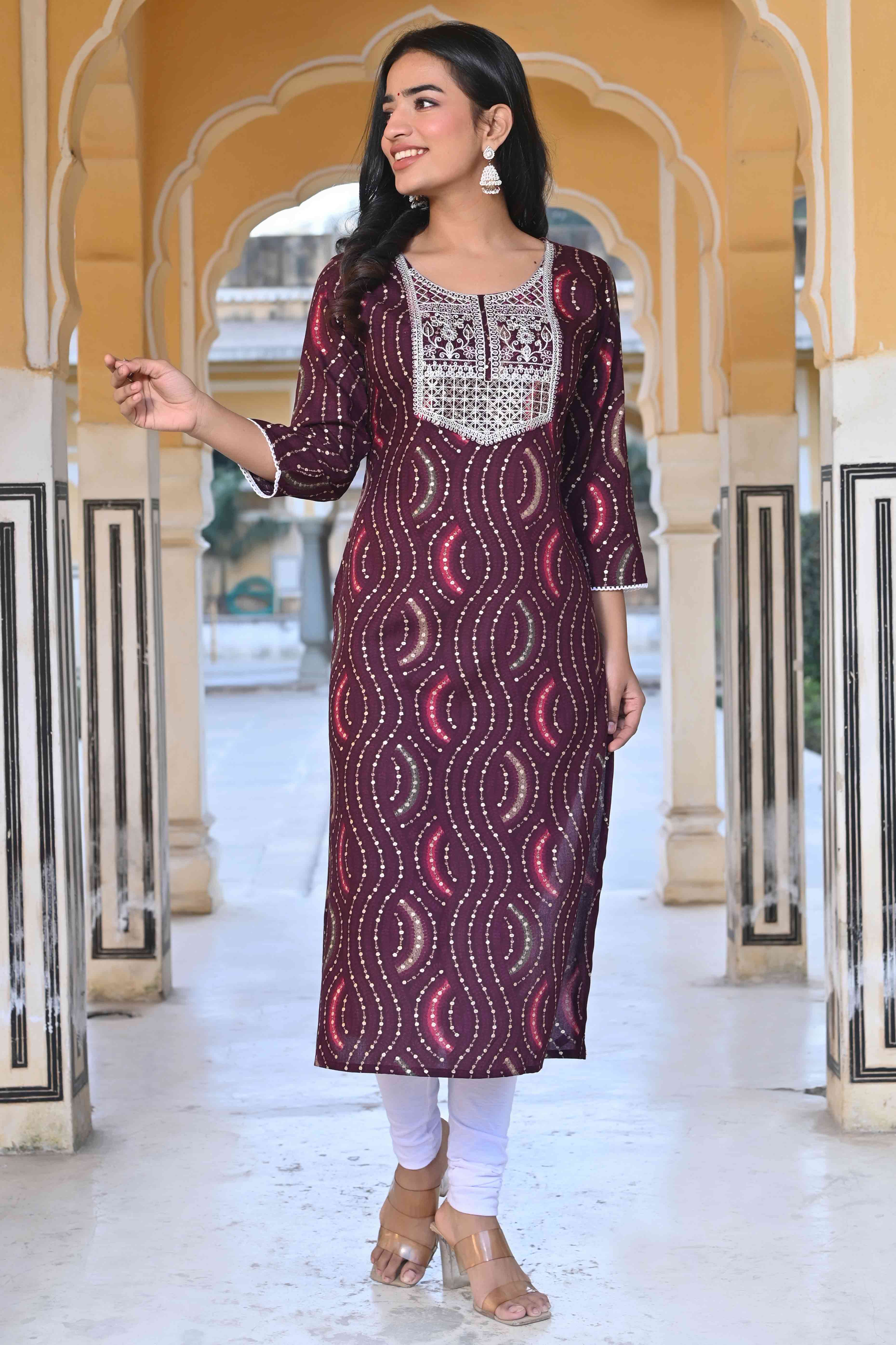 Wine Foil Printed Rayon Straight Kurti