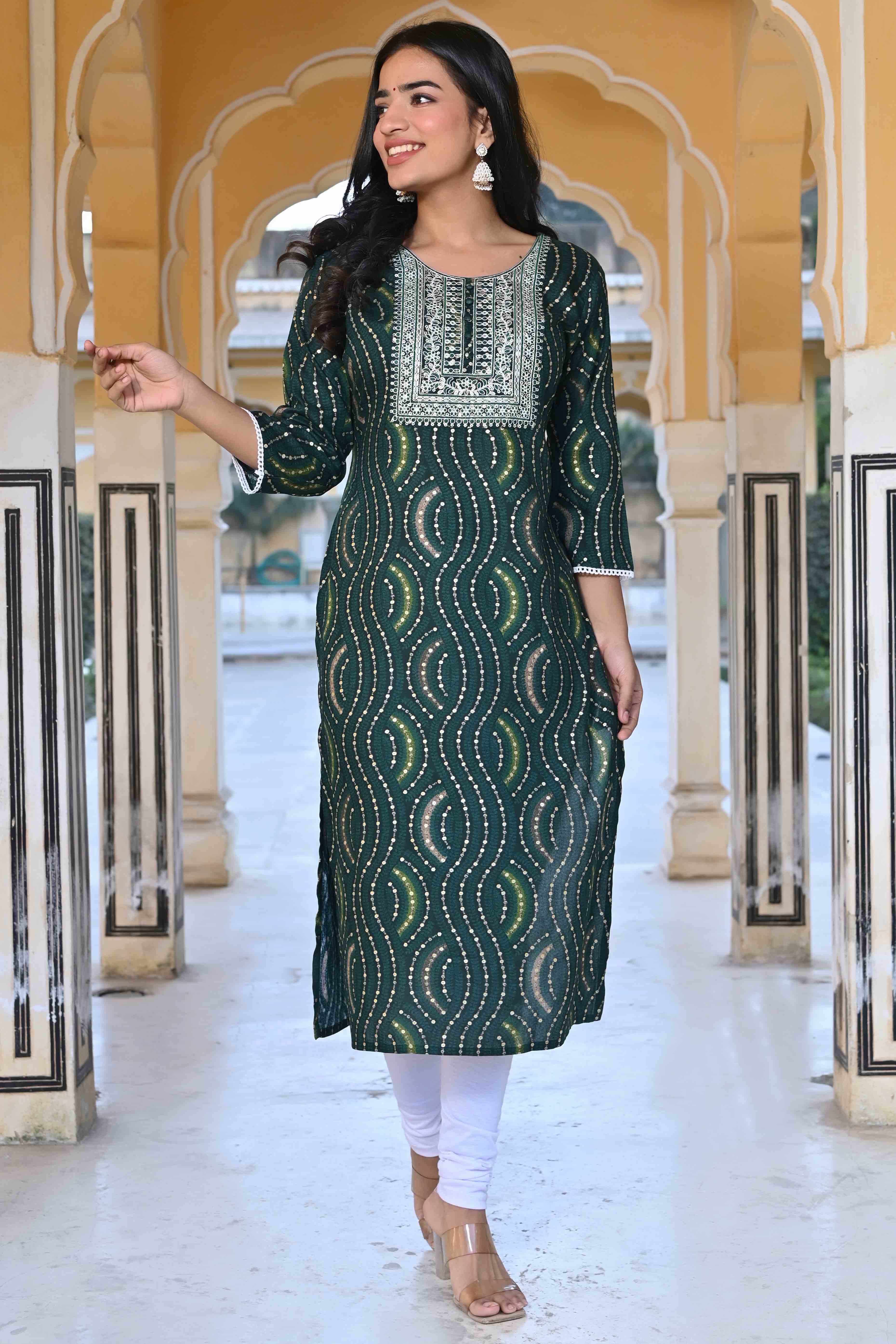 Green Foil Printed Rayon Straight Kurti