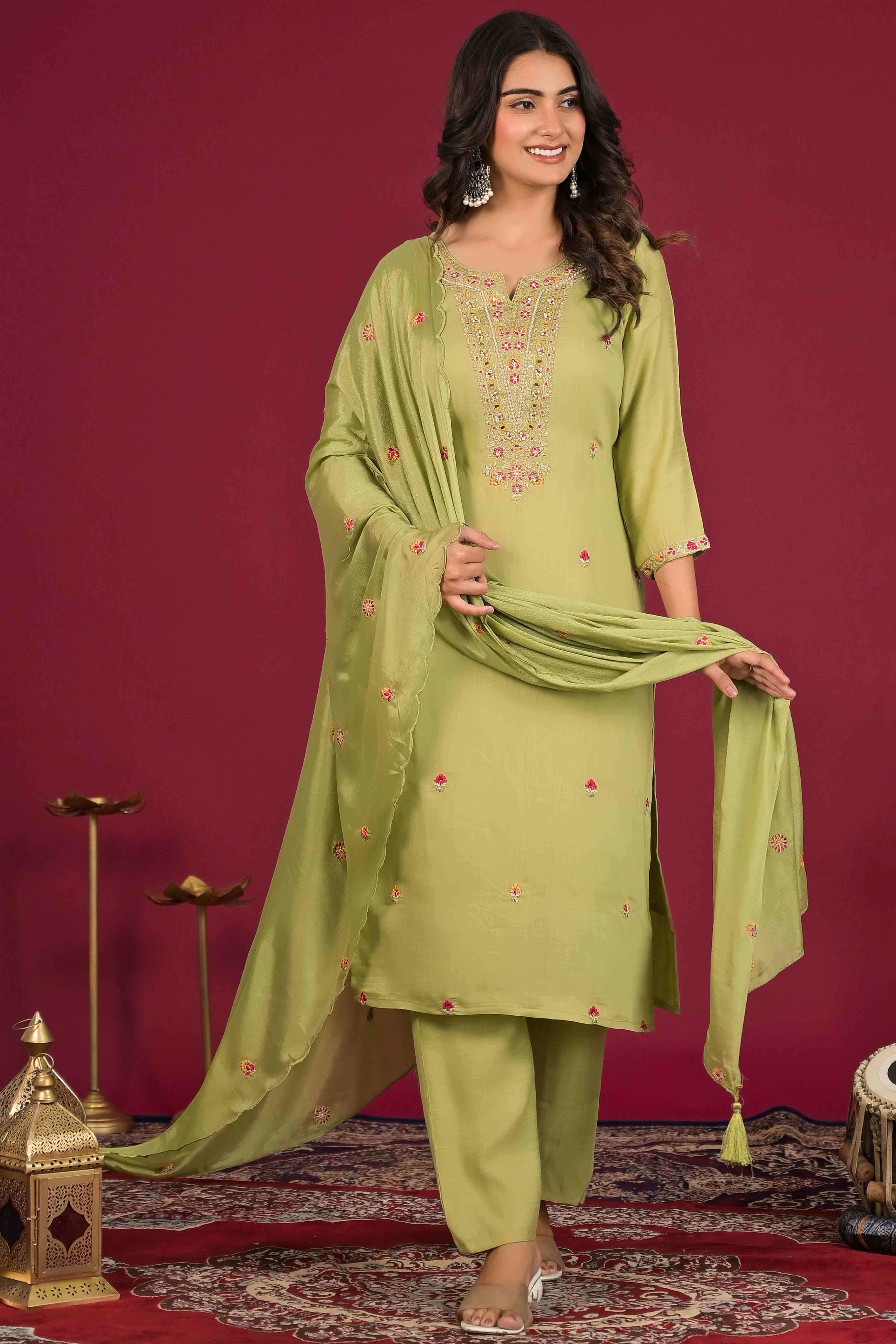 Green Floral Embroidered Pure Cotton Salwar Suit