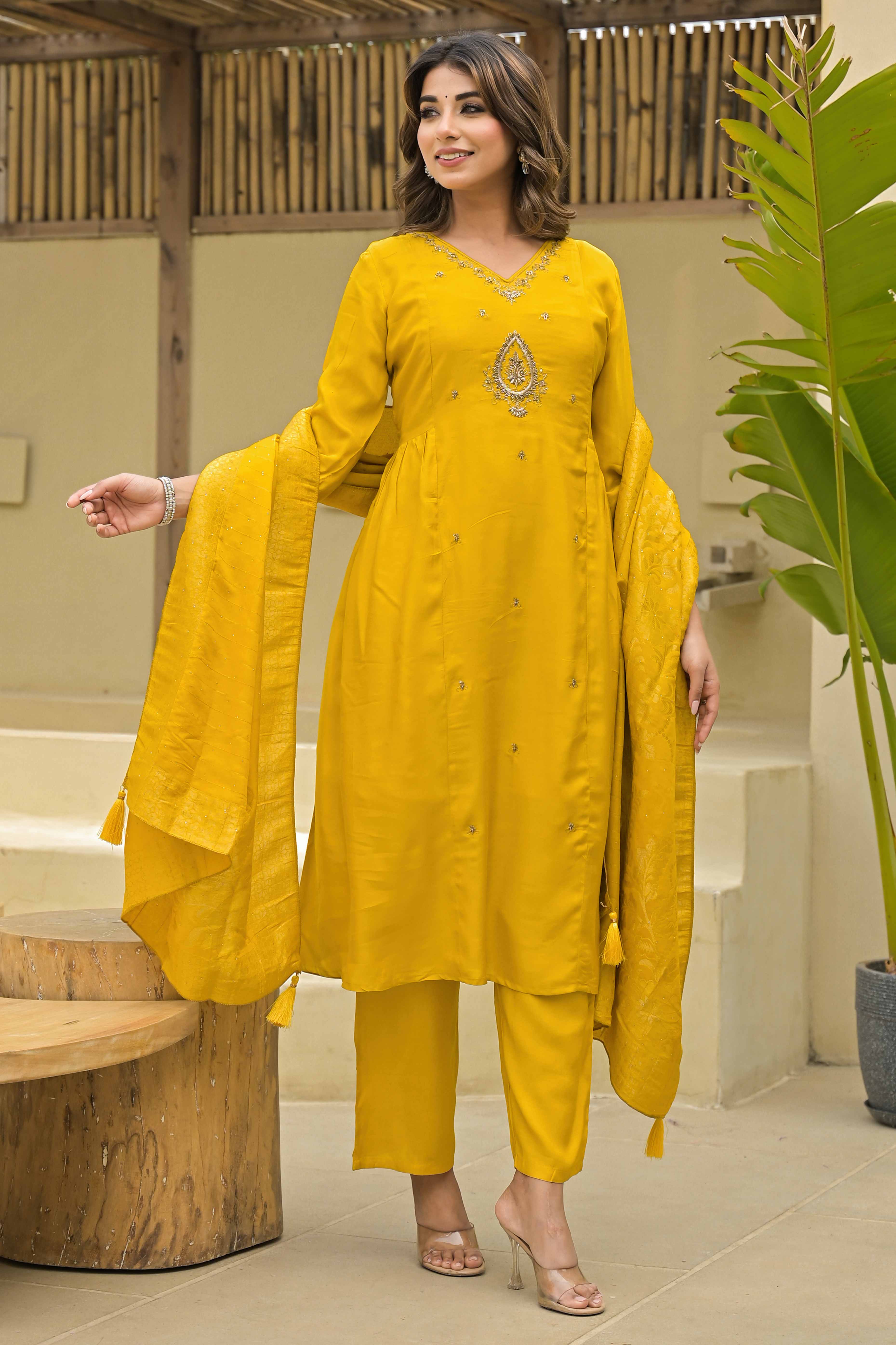 Mustard Hand Ari Work Muslin Anarkali Style Salwar Suit