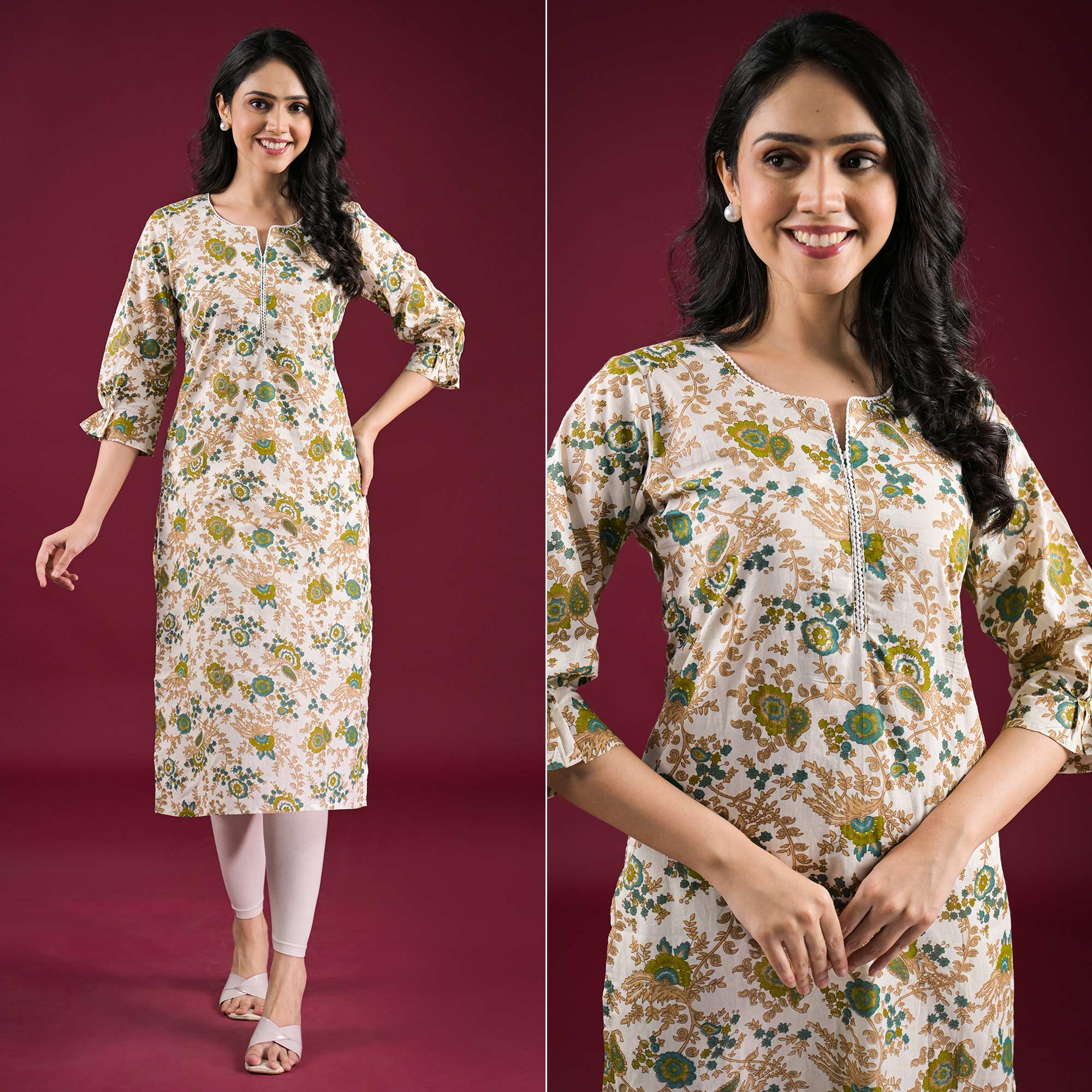 Off White Floral Printed Pure Cotton Straight Kurti