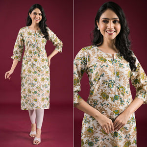 Off White Floral Printed Pure Cotton Straight Kurti