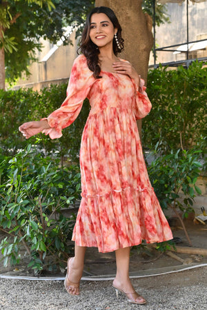 Peach Floral Printed Rayon Maxi Dress