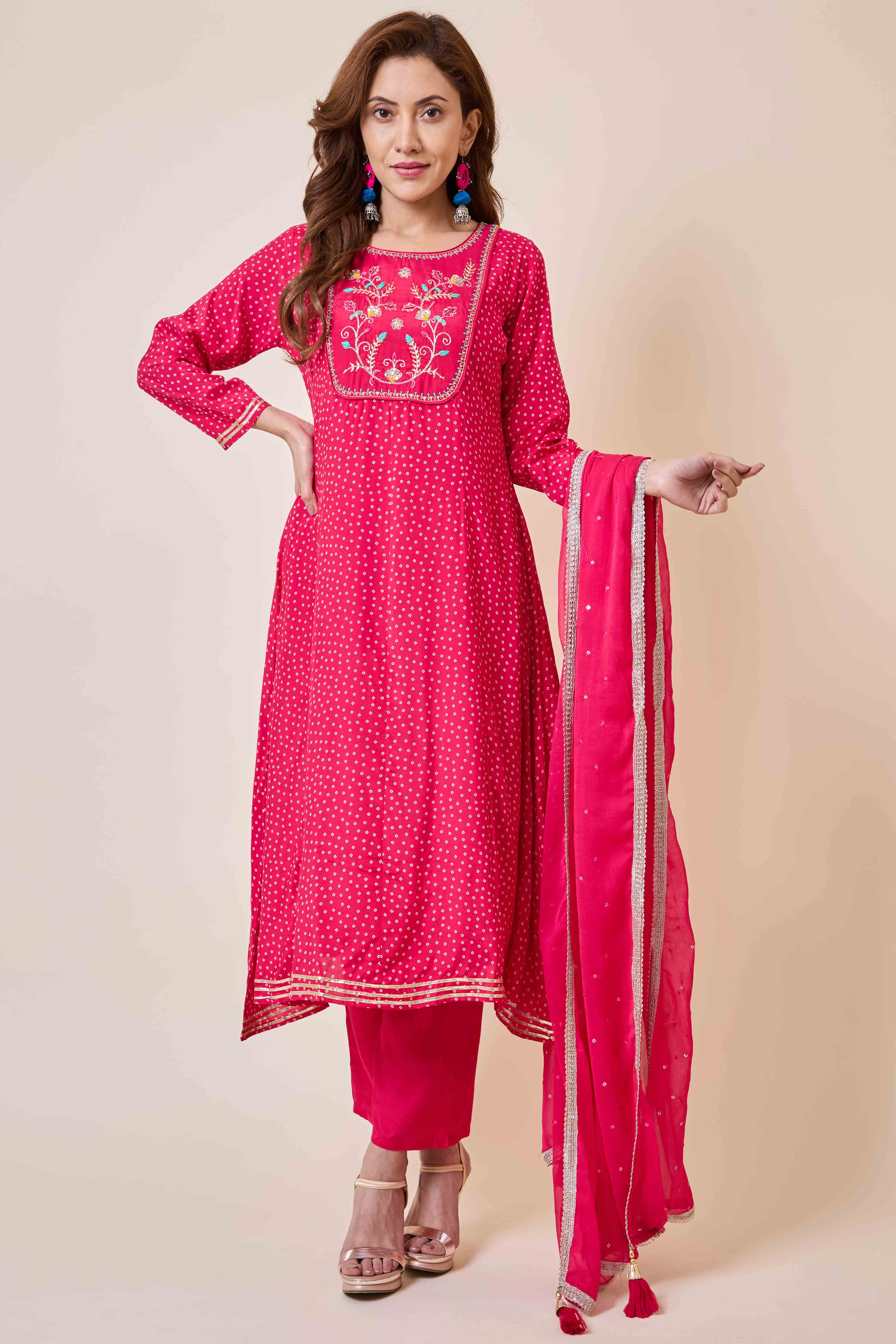 Rani Pink Embroidered Anarkali Style Muslin Salwar Suit