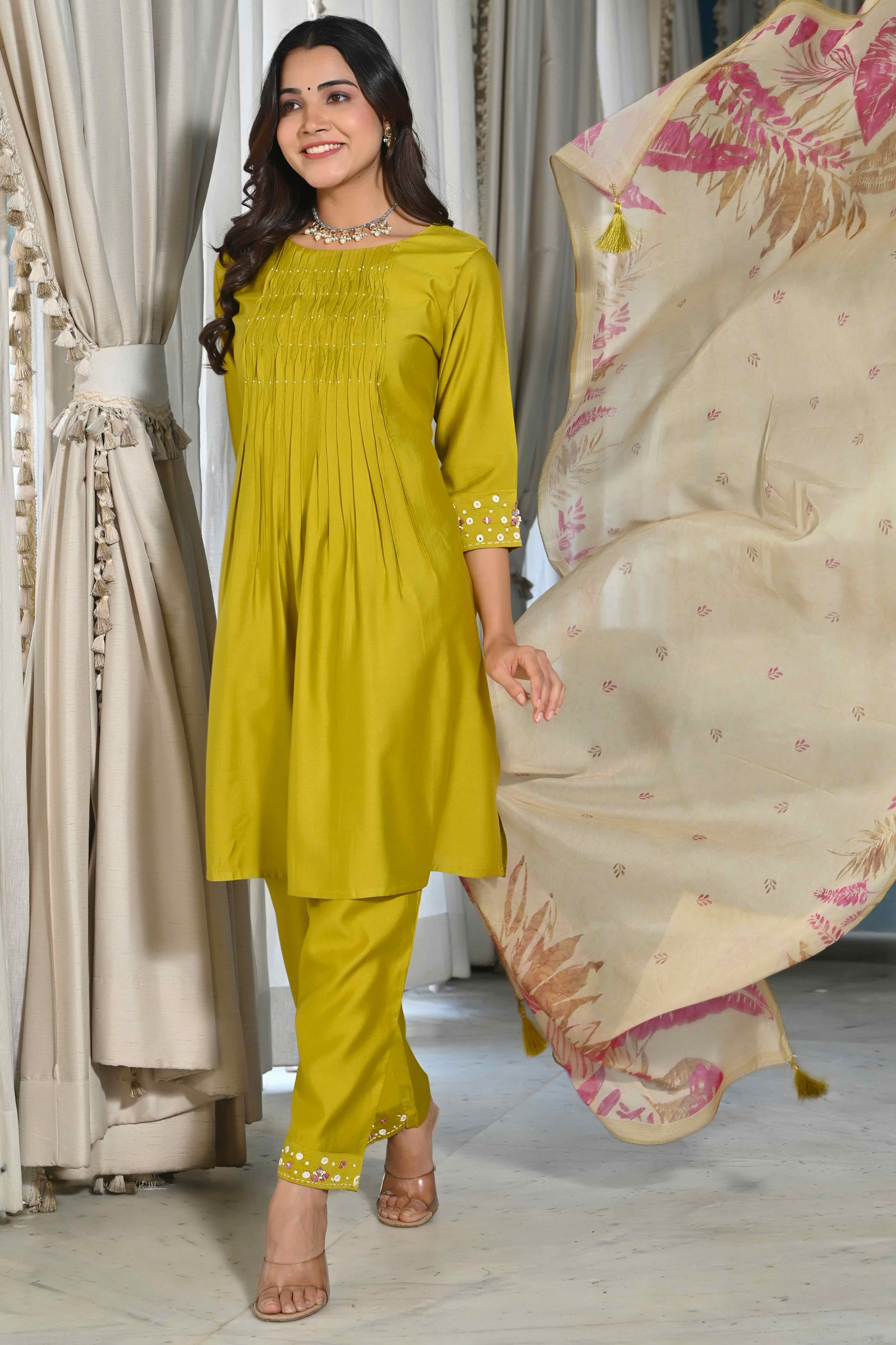 Olive Embroidered Viscose Salwar Suit