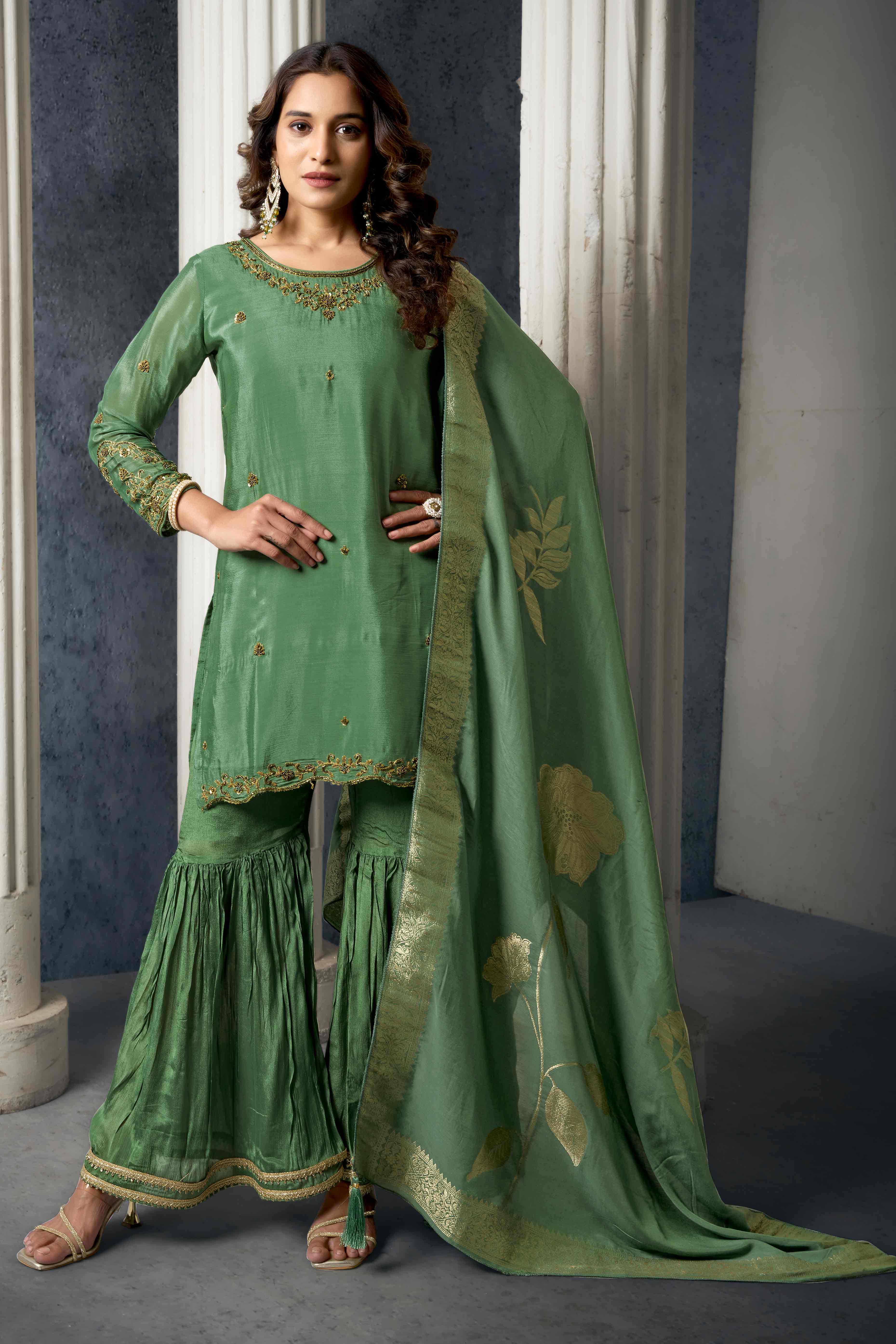 Olive Zardosi Work Embroidered Pure Chinon Sharara Suit