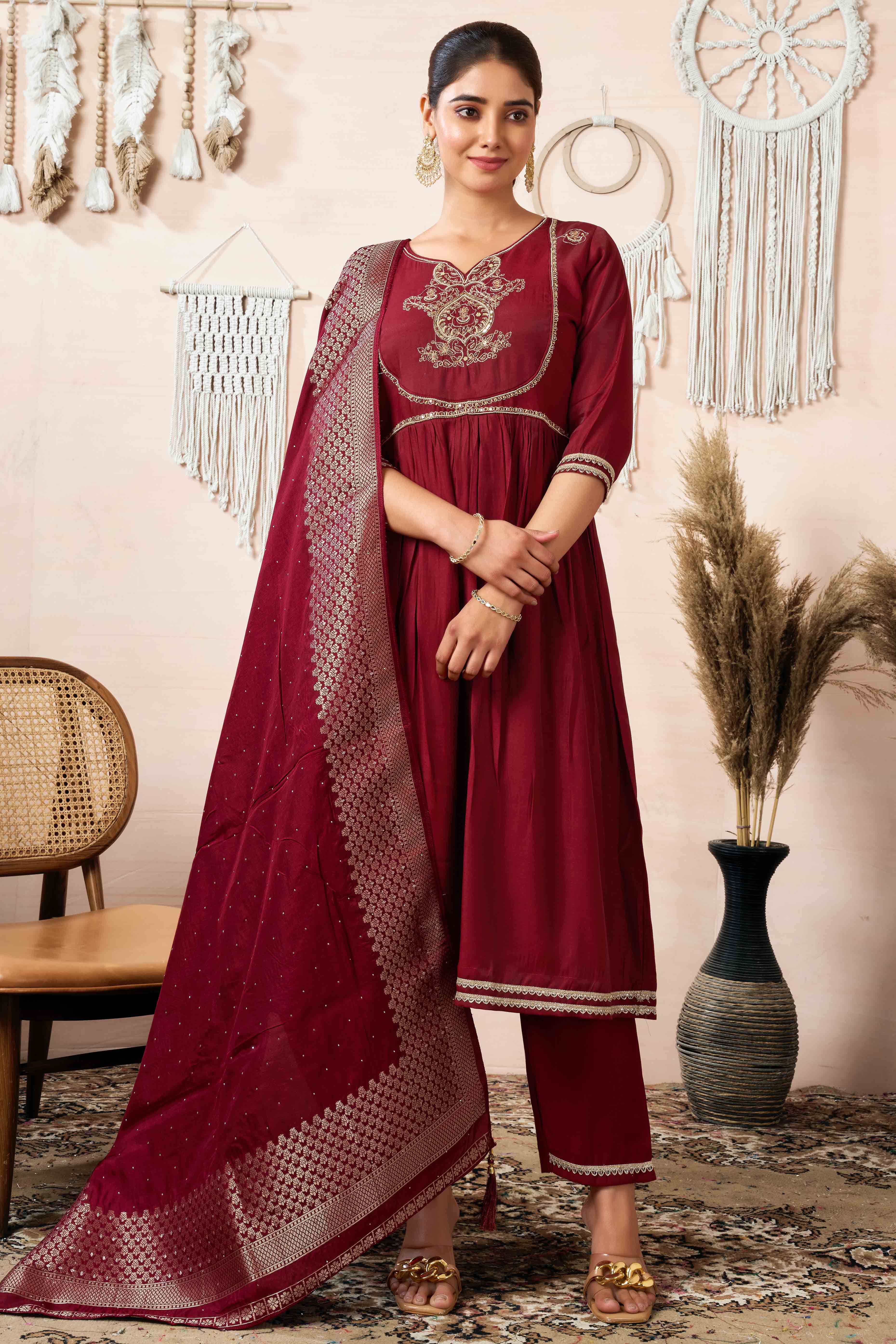 Maroon Sequins Embroidered Cotton Silk Anarkali Salwar Suit