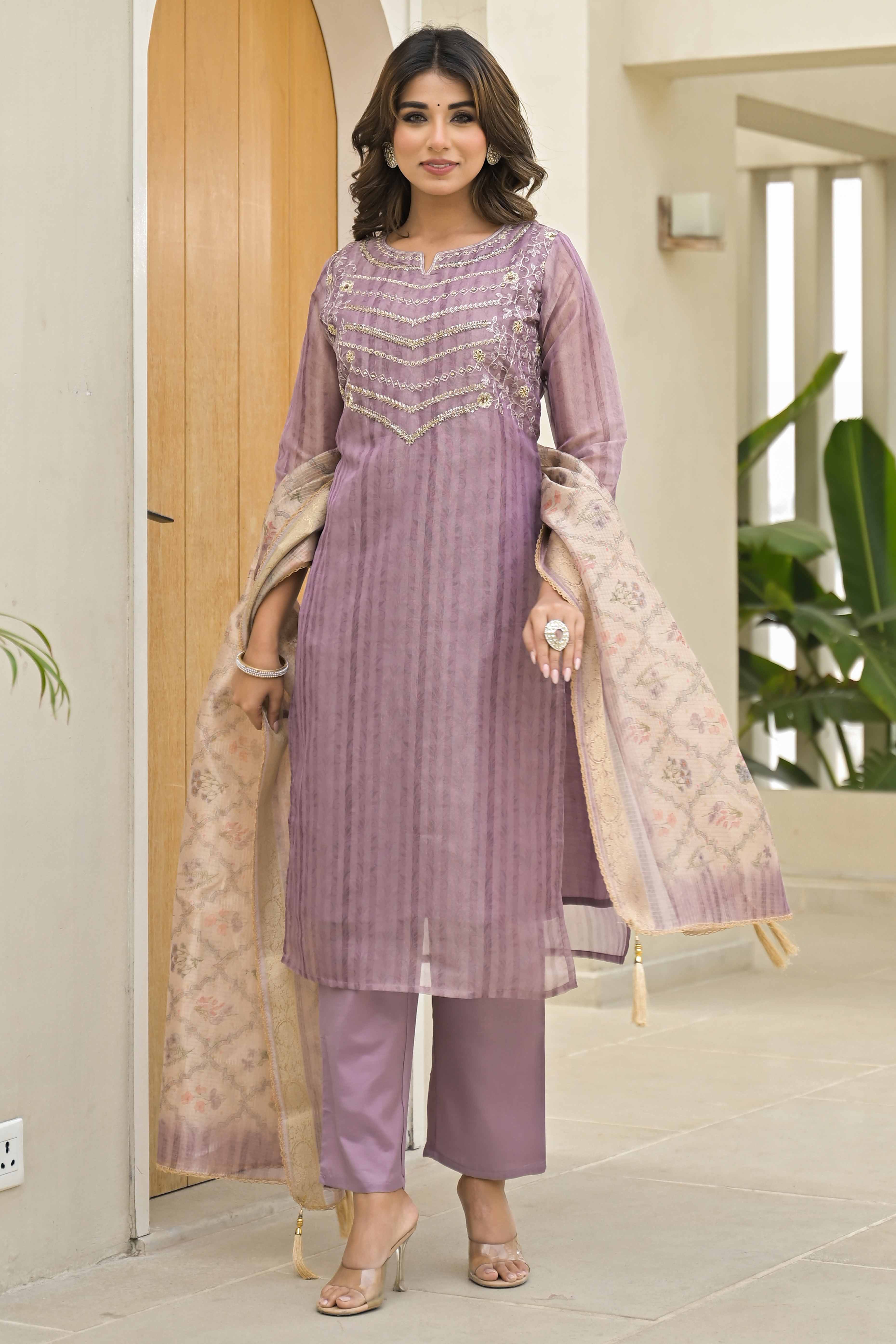 Lavender Embroidered Handwork Crush Chanderi Salwar Suit