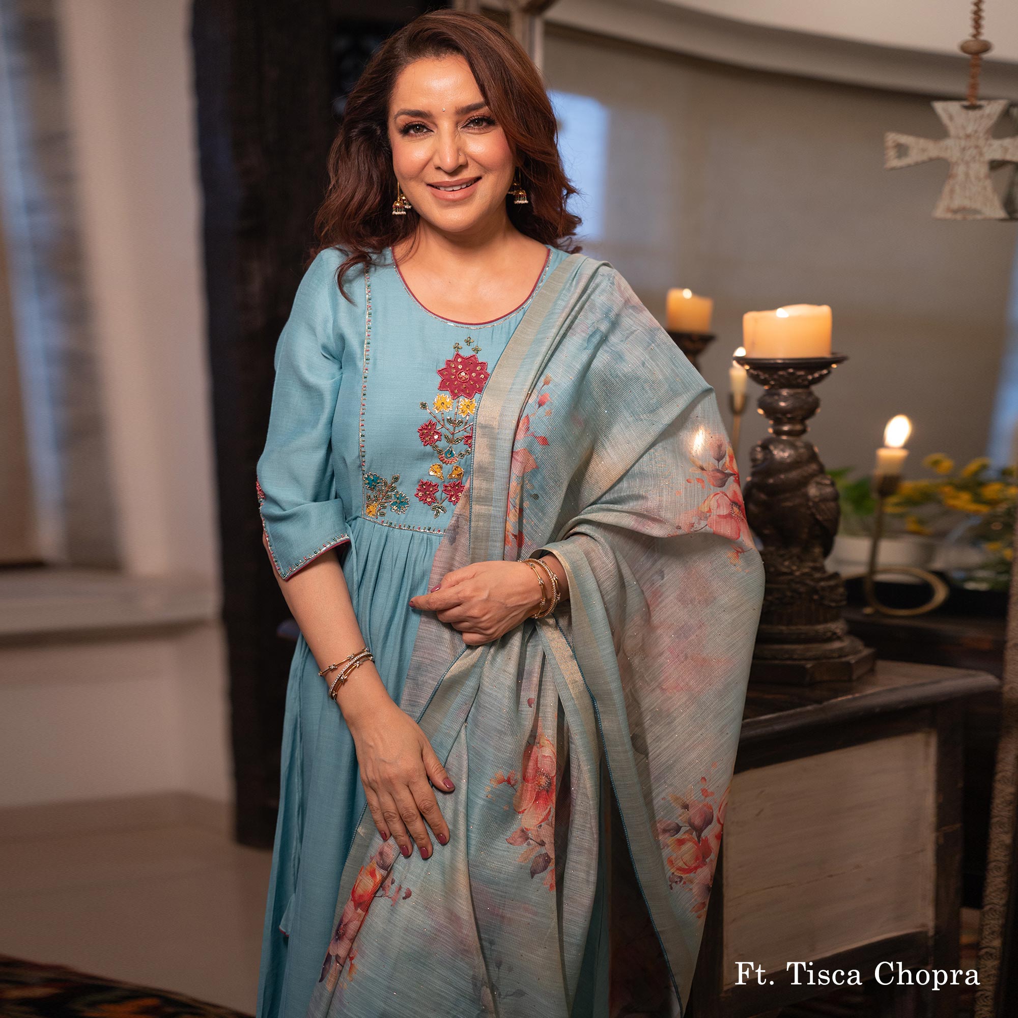 Sky Blue Neck Embroidered Viscose A-Line Salwar Suit