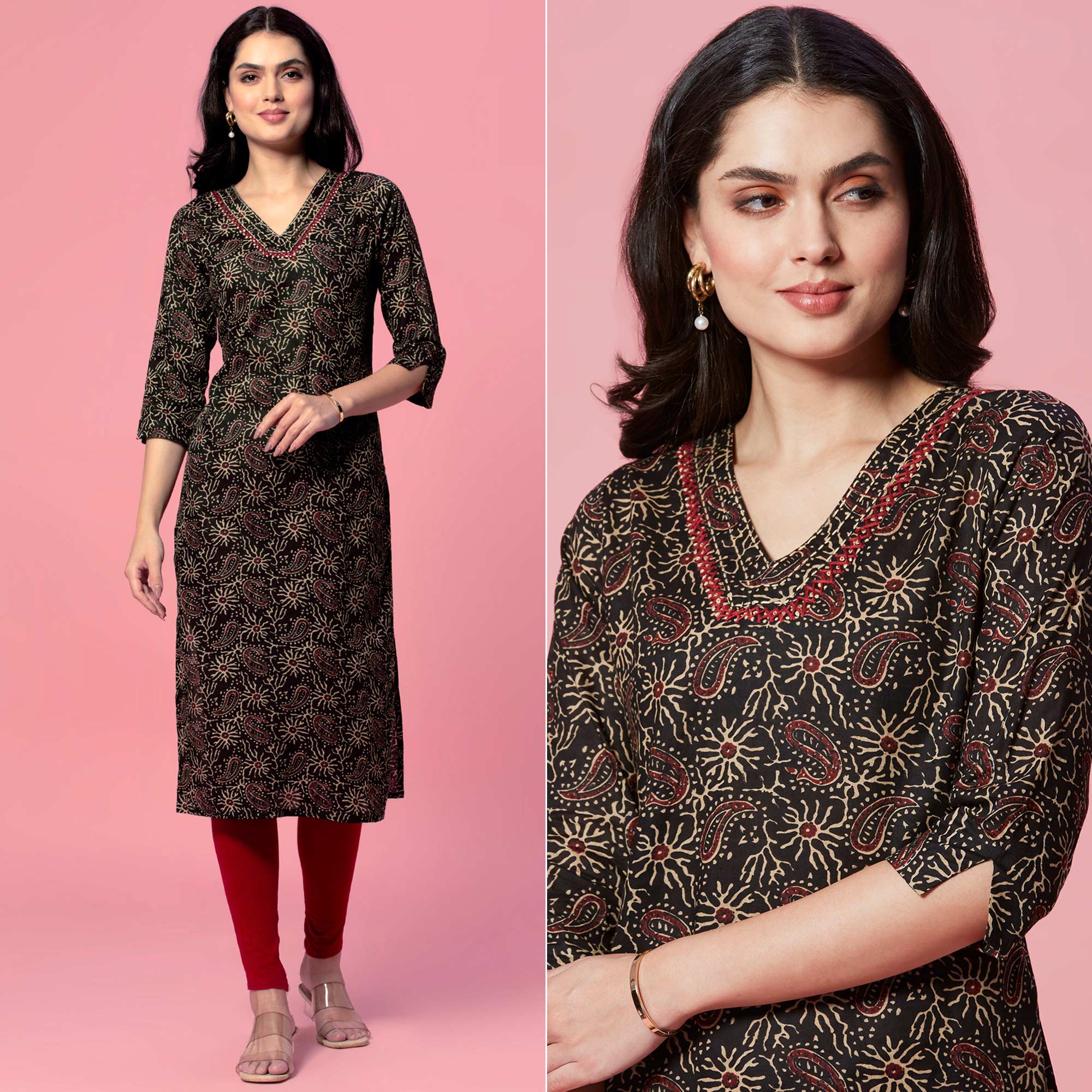 Black Floral Printed Pure Cotton Straight Kurti