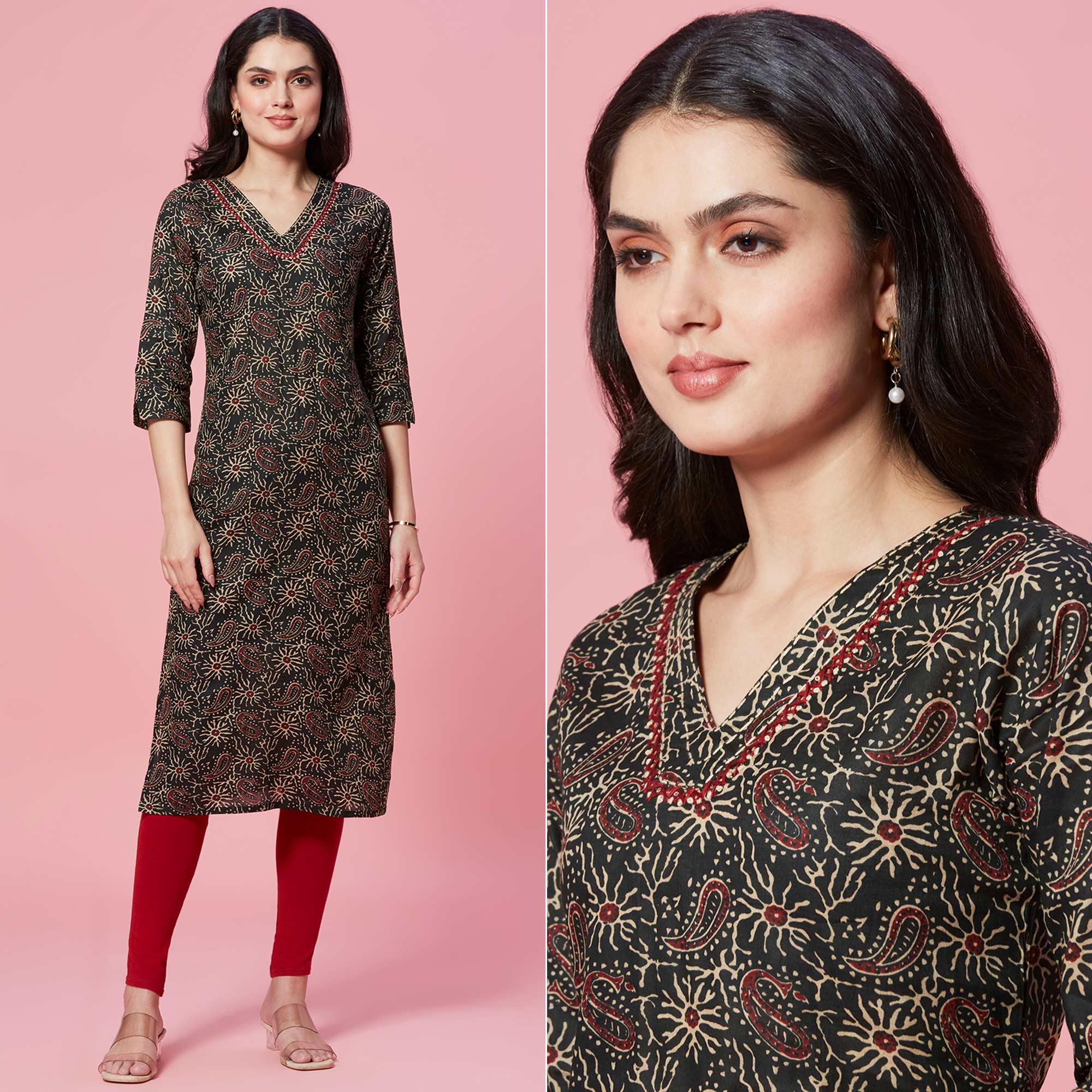 Green Floral Printed Pure Cotton Straight Kurti