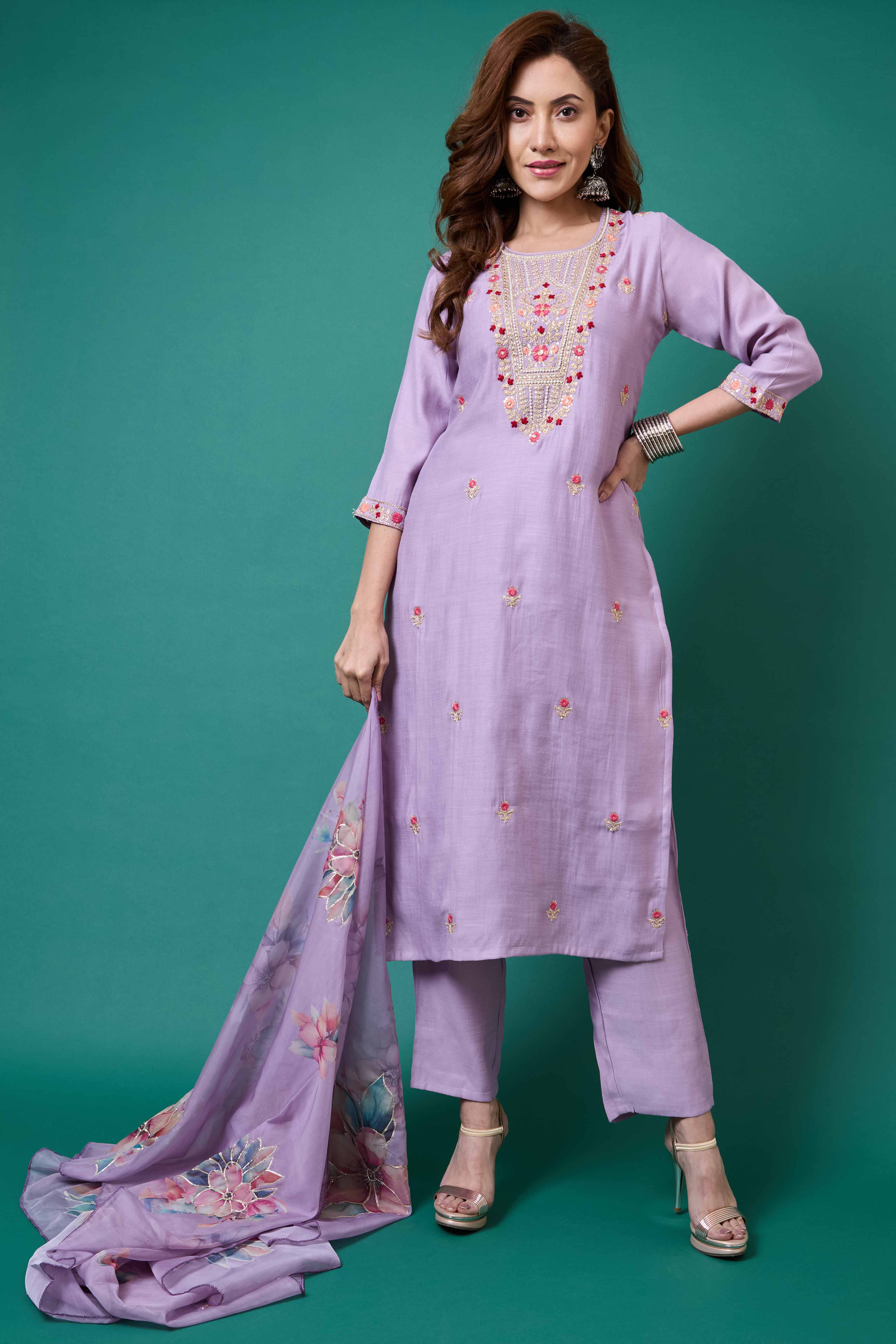 Lavender Handwork Embroidered Viscose Straight Salwar Suit