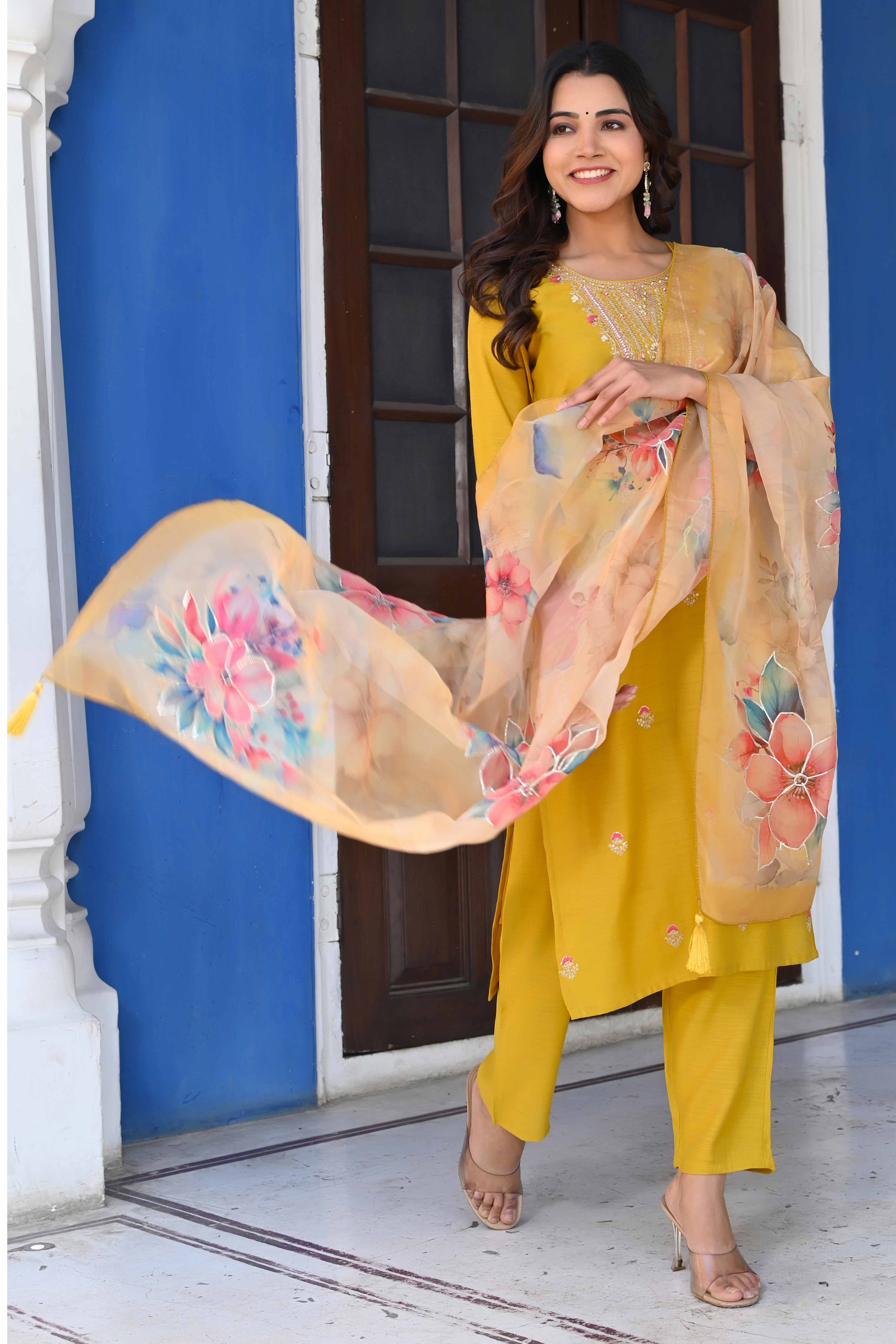 Mustard Handwork Embroidered Viscose Straight Salwar Suit