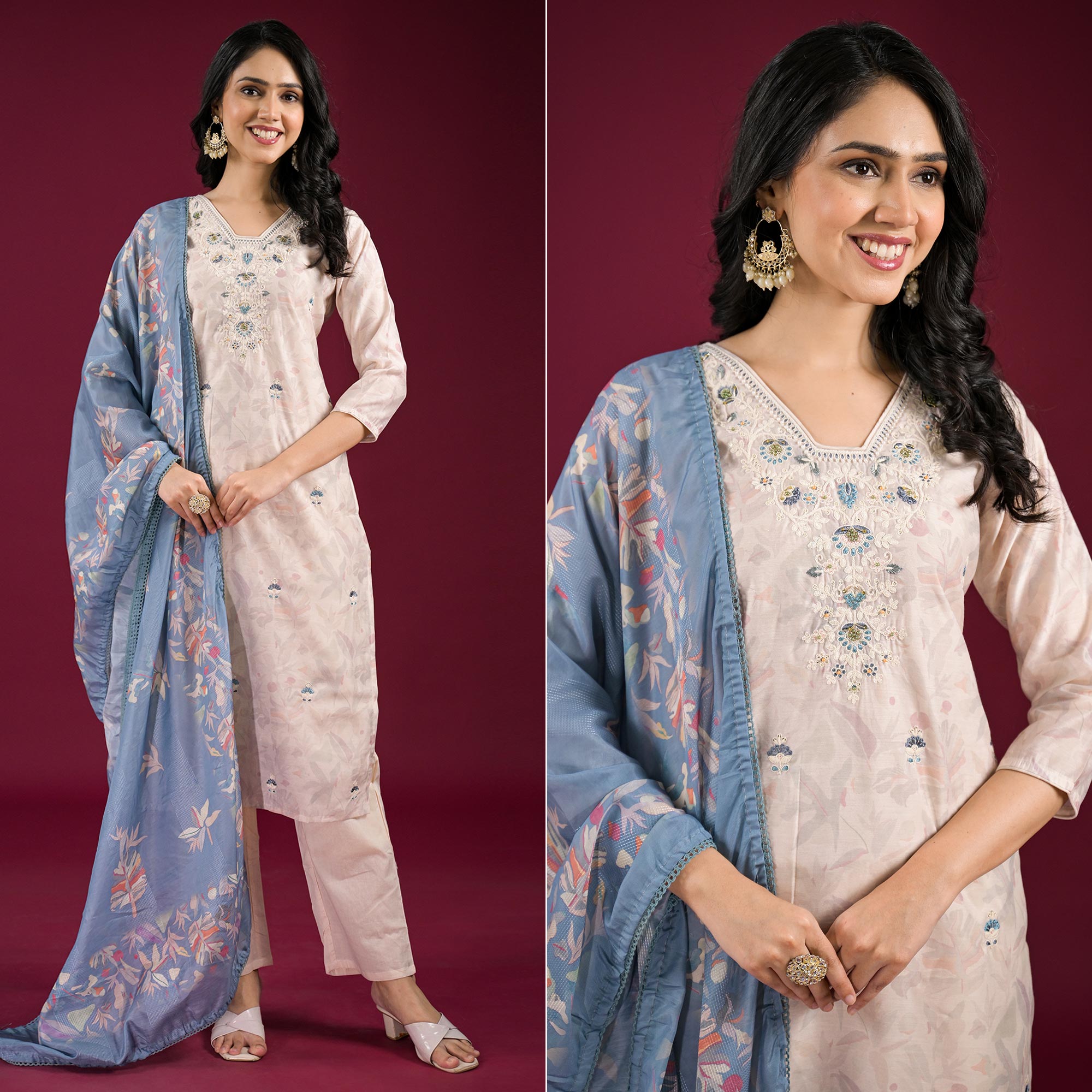 Linen White Floral Embroidered Chanderi Silk Salwar Suit