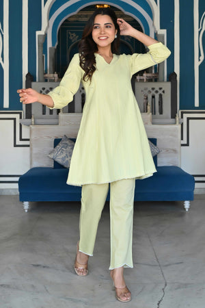 Lemon Yellow Dobby Work Pure Cotton Co-Ord Set