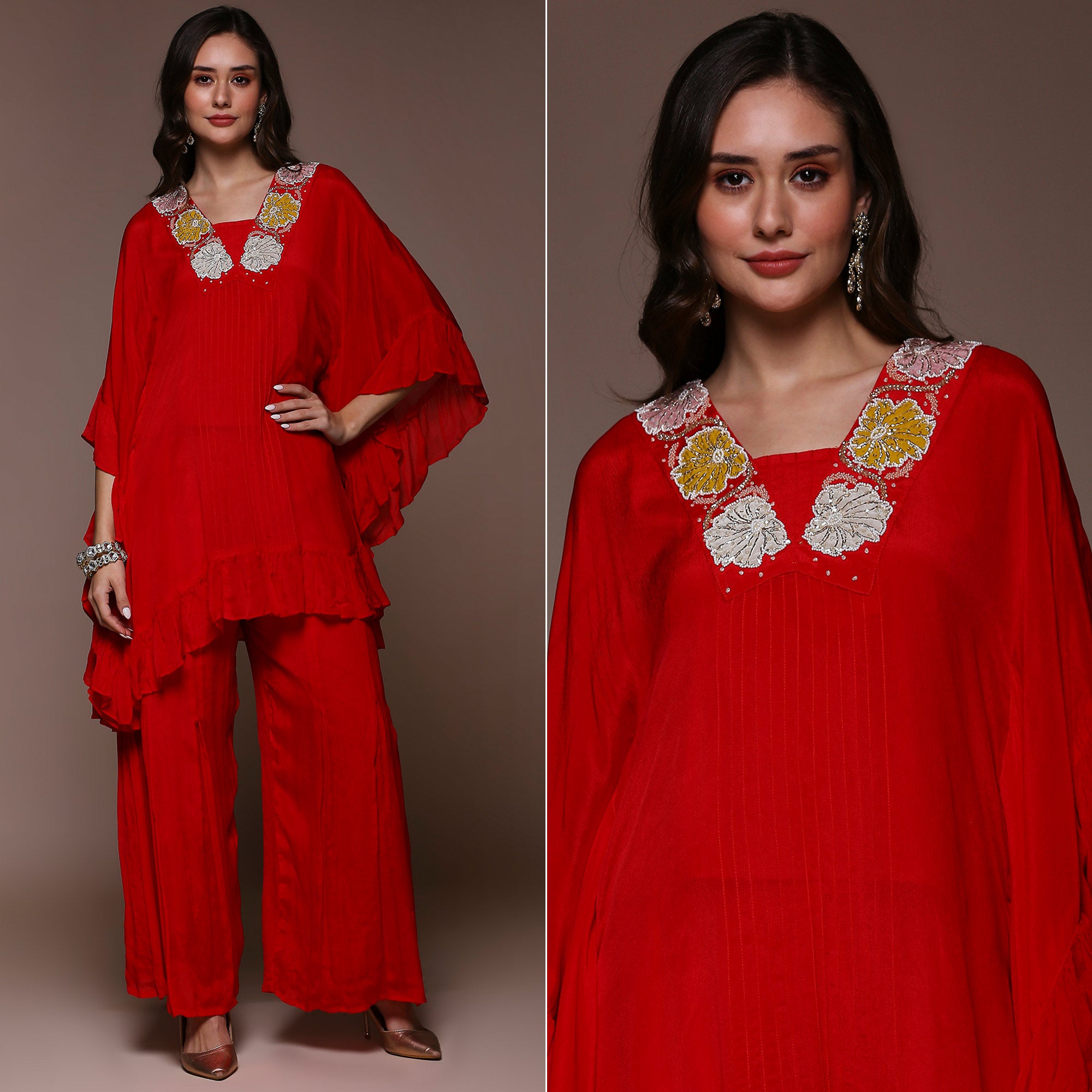 Crimson Red Embroidered Kaftan Style Chinon Co-Ord Set