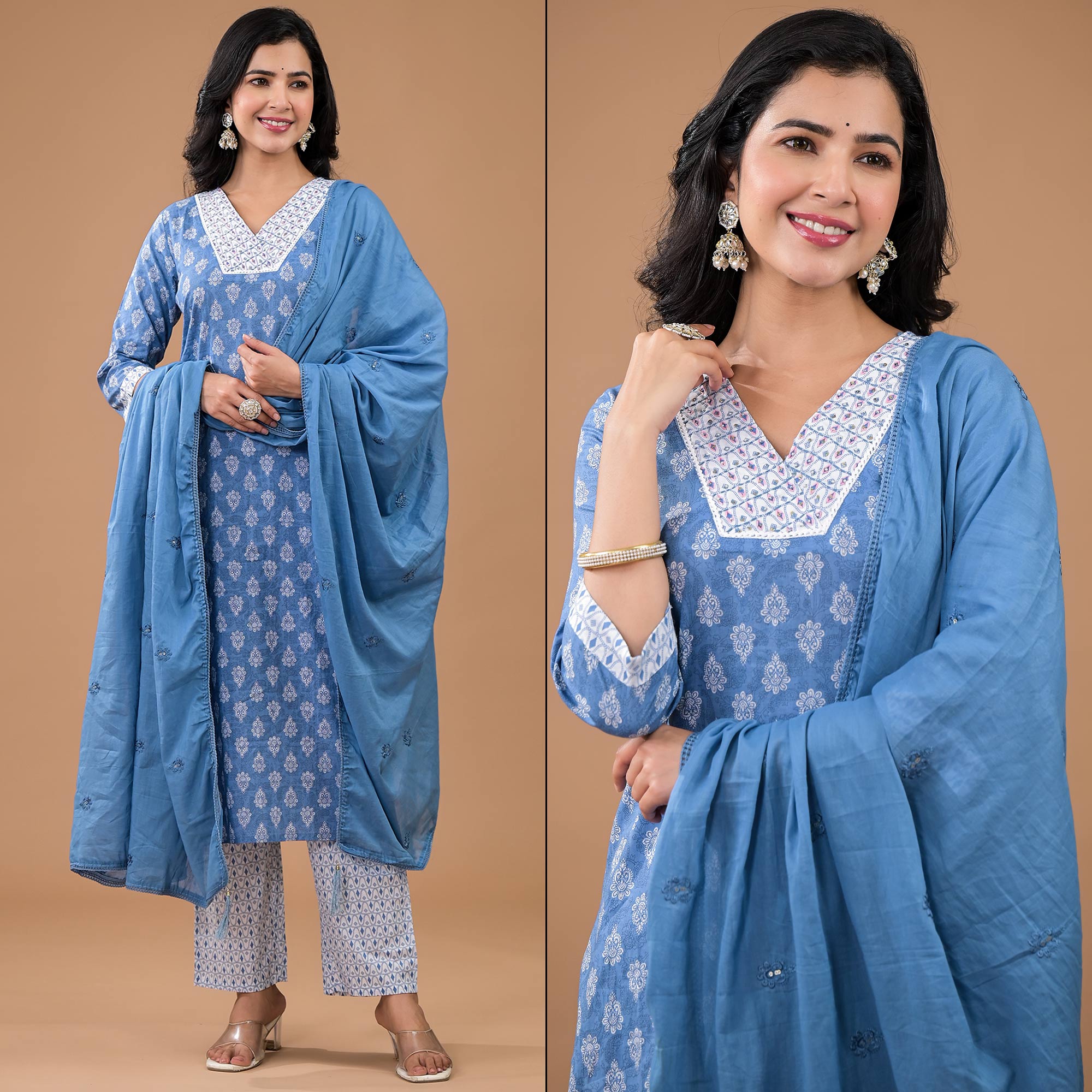 Blue Floral Printed Pure Cotton Salwar Suit