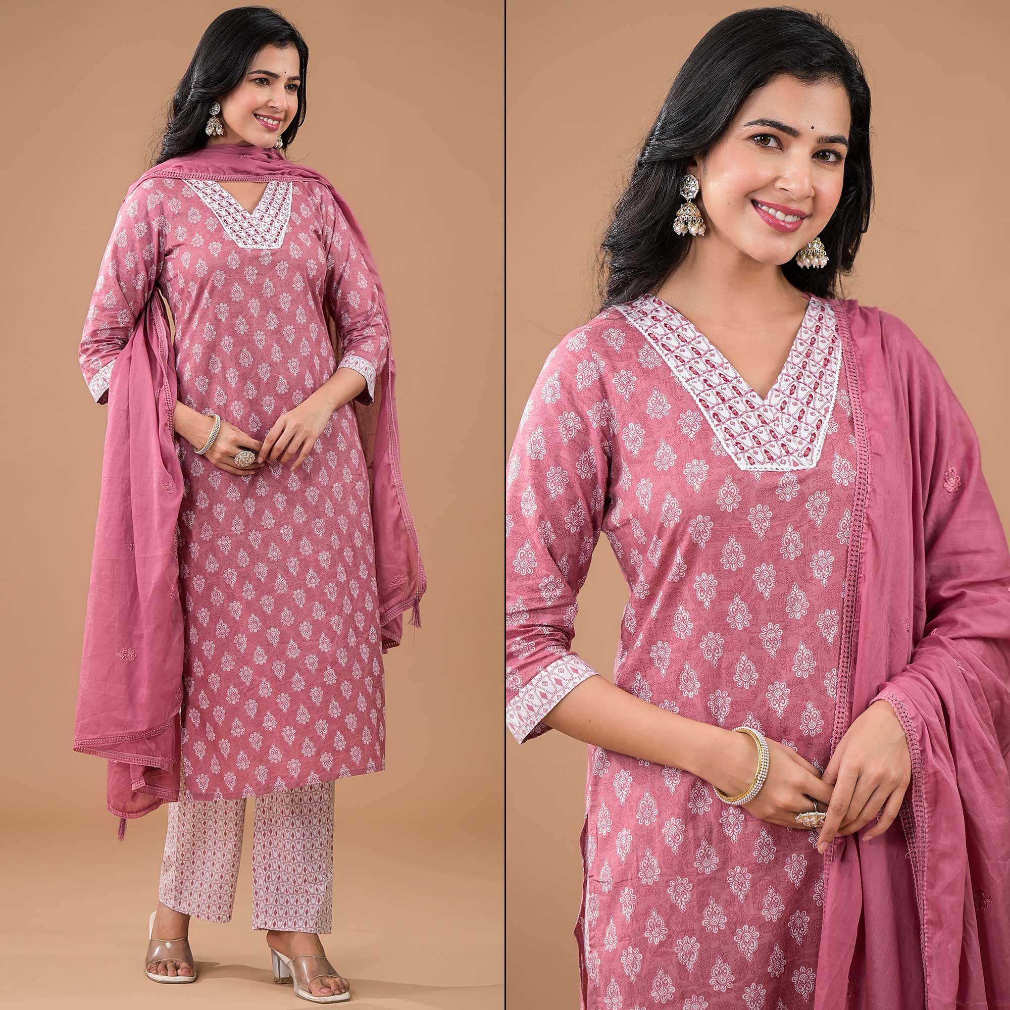 Pink Floral Printed Pure Cotton Salwar Suit