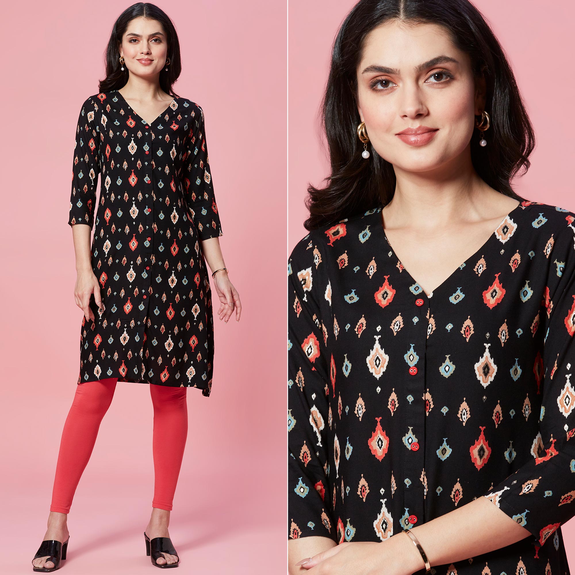 Black Ikkat Printed Rayon Straight Kurti