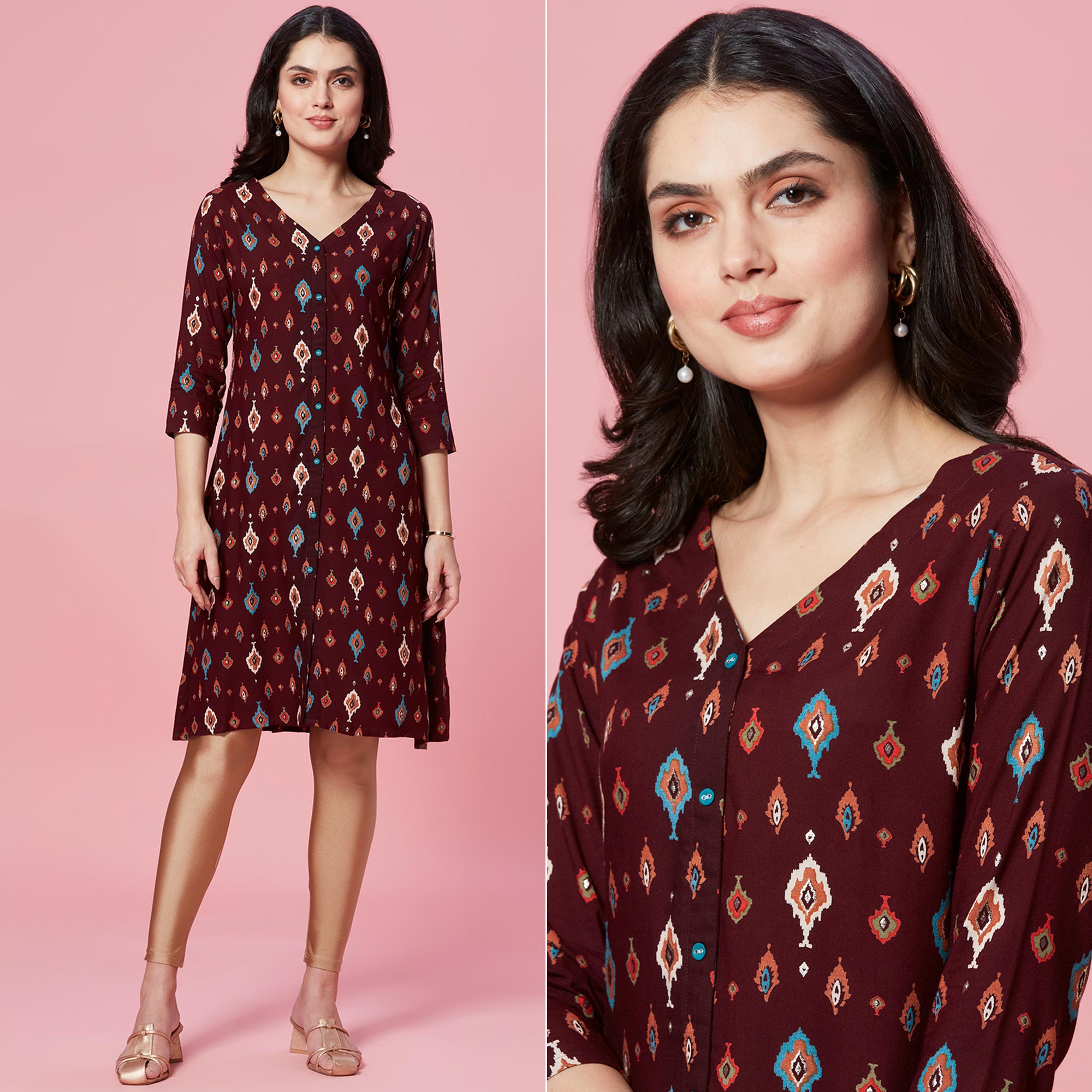 Maroon Ikkat Printed Rayon Straight Kurti