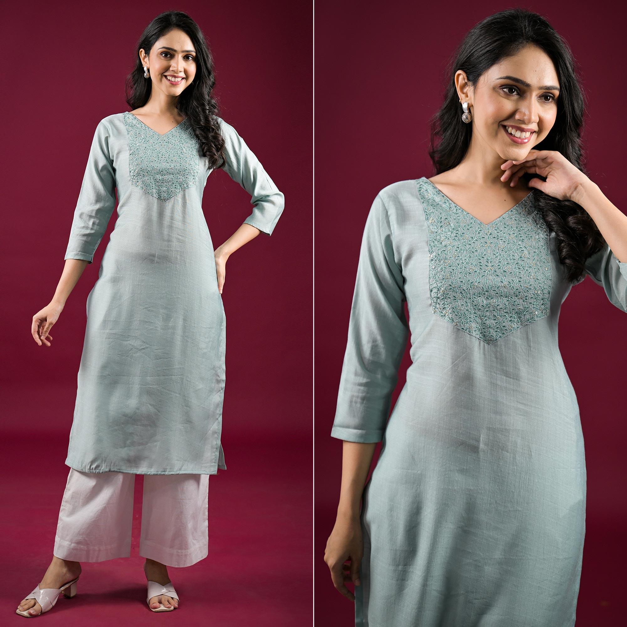 Mint Green Yoke Embroidered Viscose Straight Kurti