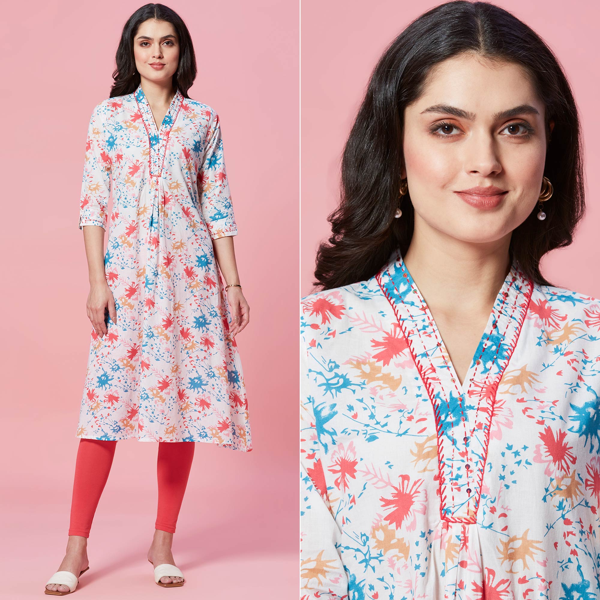 White Floral Printed Pure Cotton A-Line Kurti