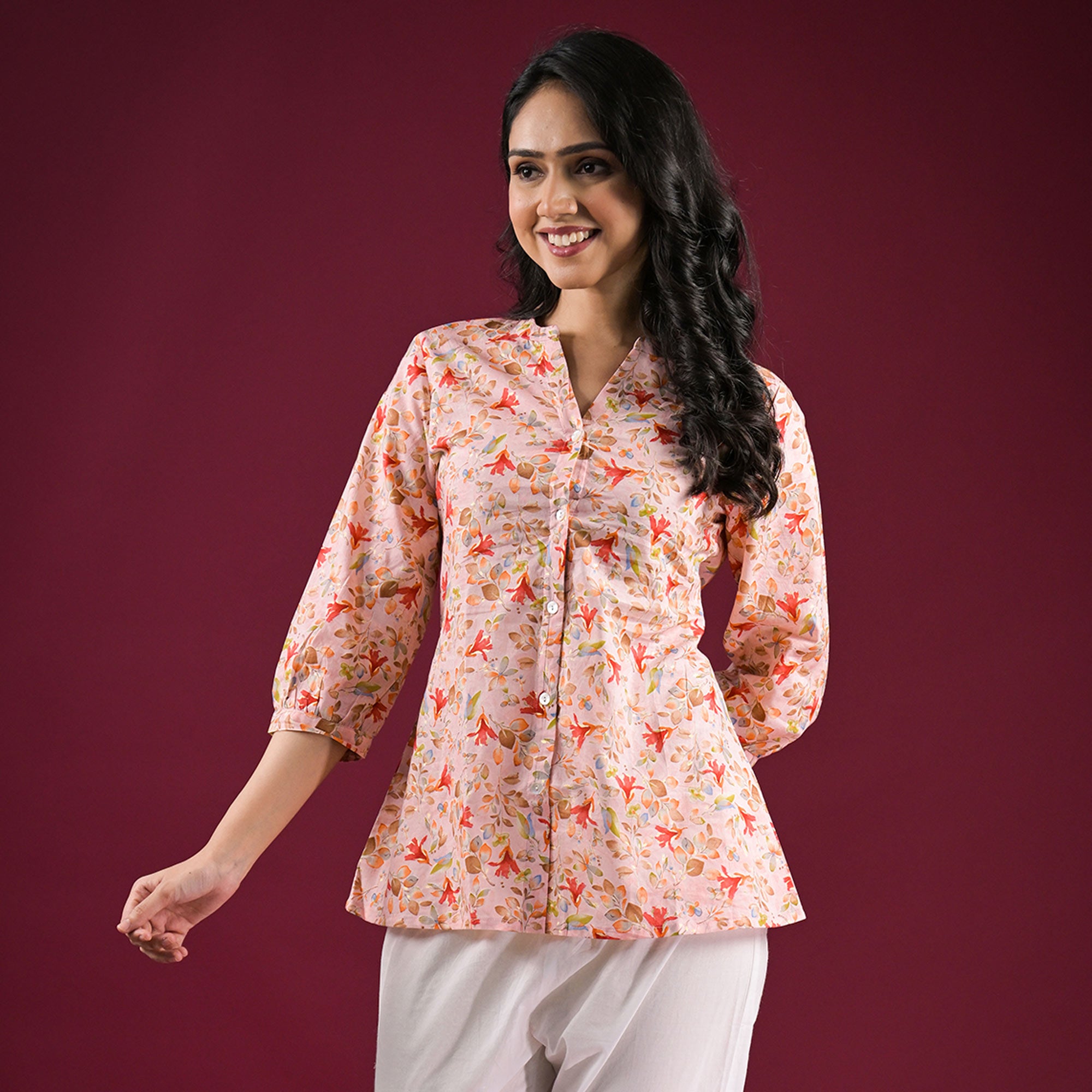 Peach Floral Printed Pure Cotton Top