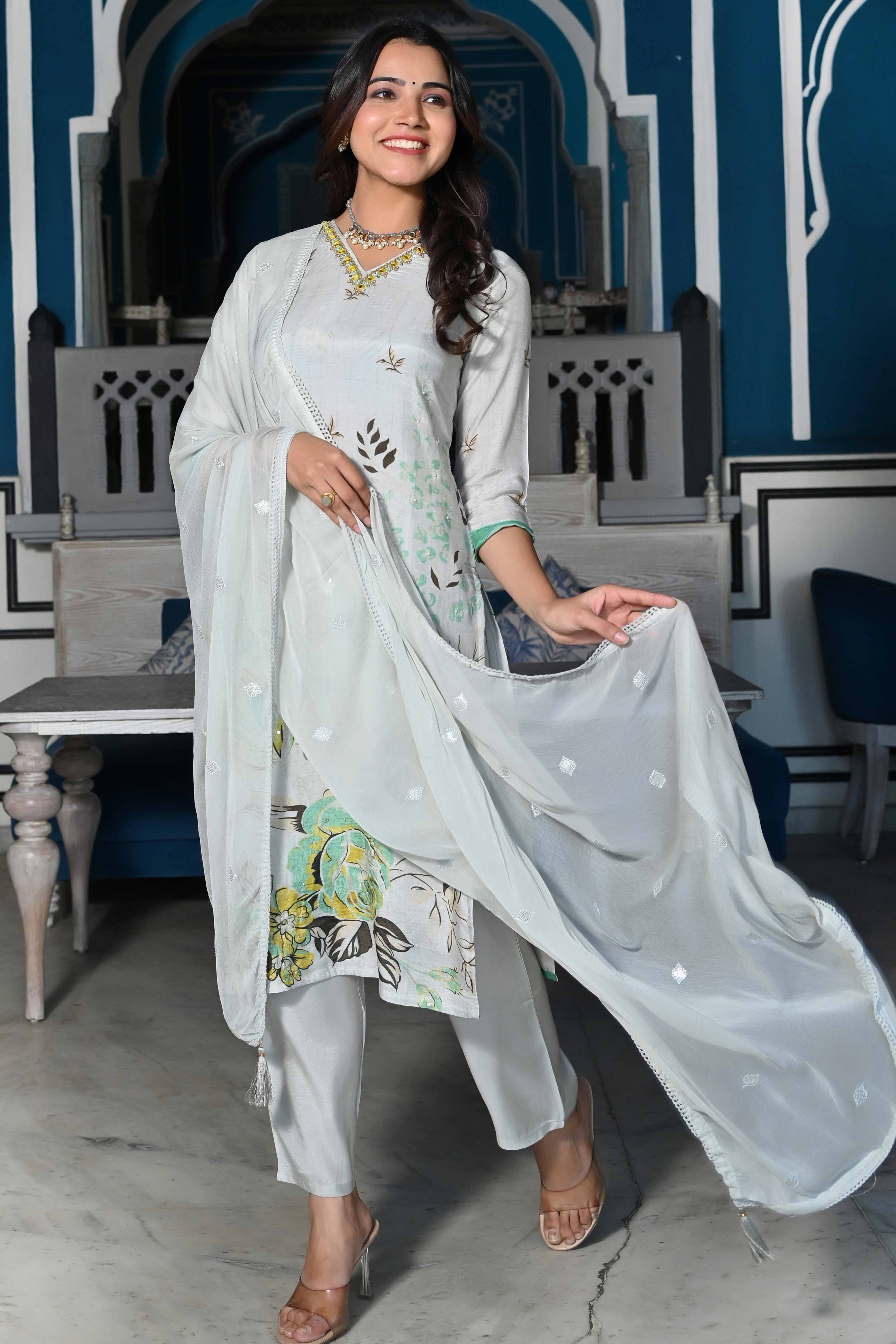 Grey Floral With Beads Work Printed Muslin Salwar Suit