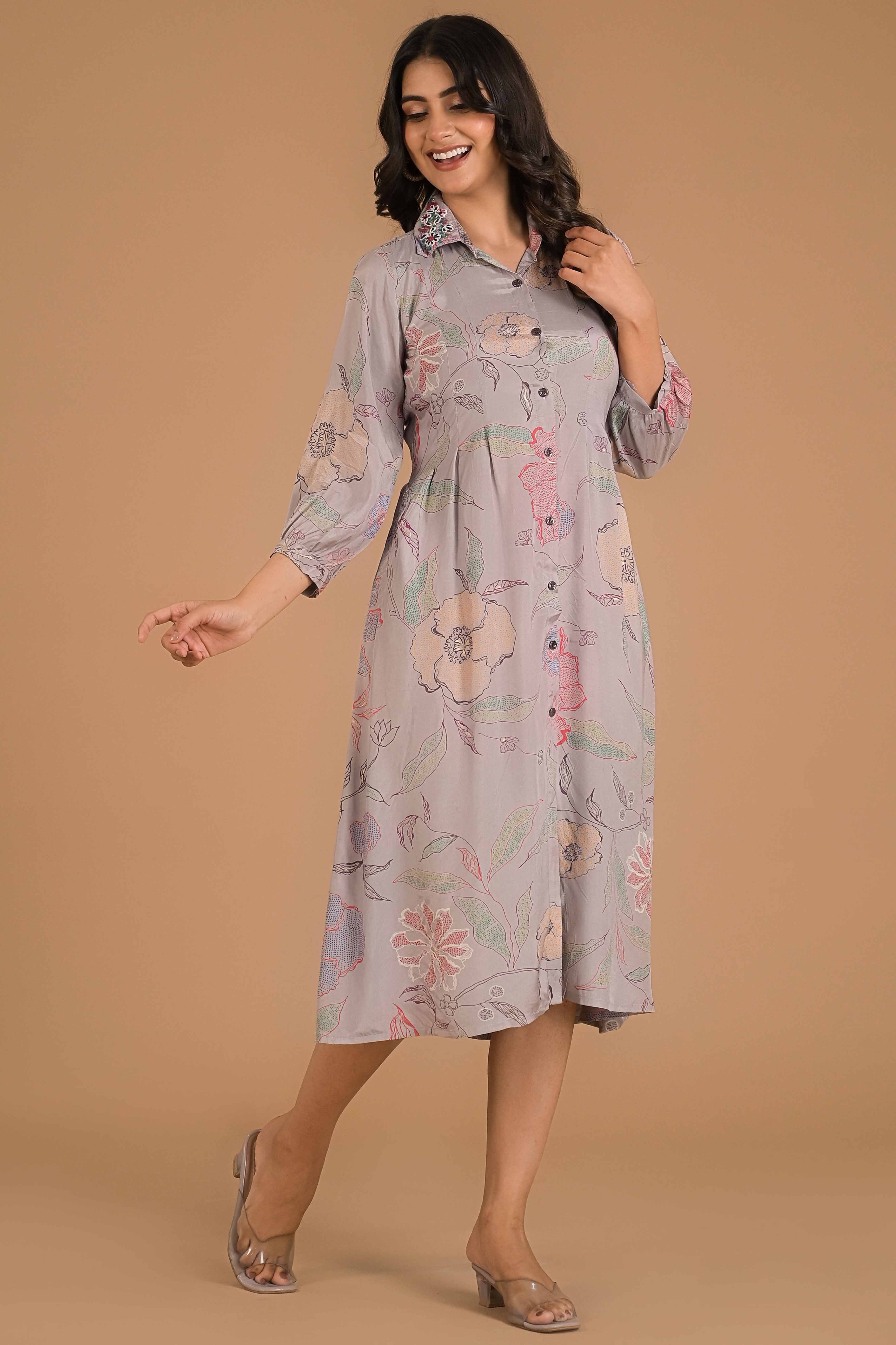 Light Purple Floral Printed Muslin A-Line Dress