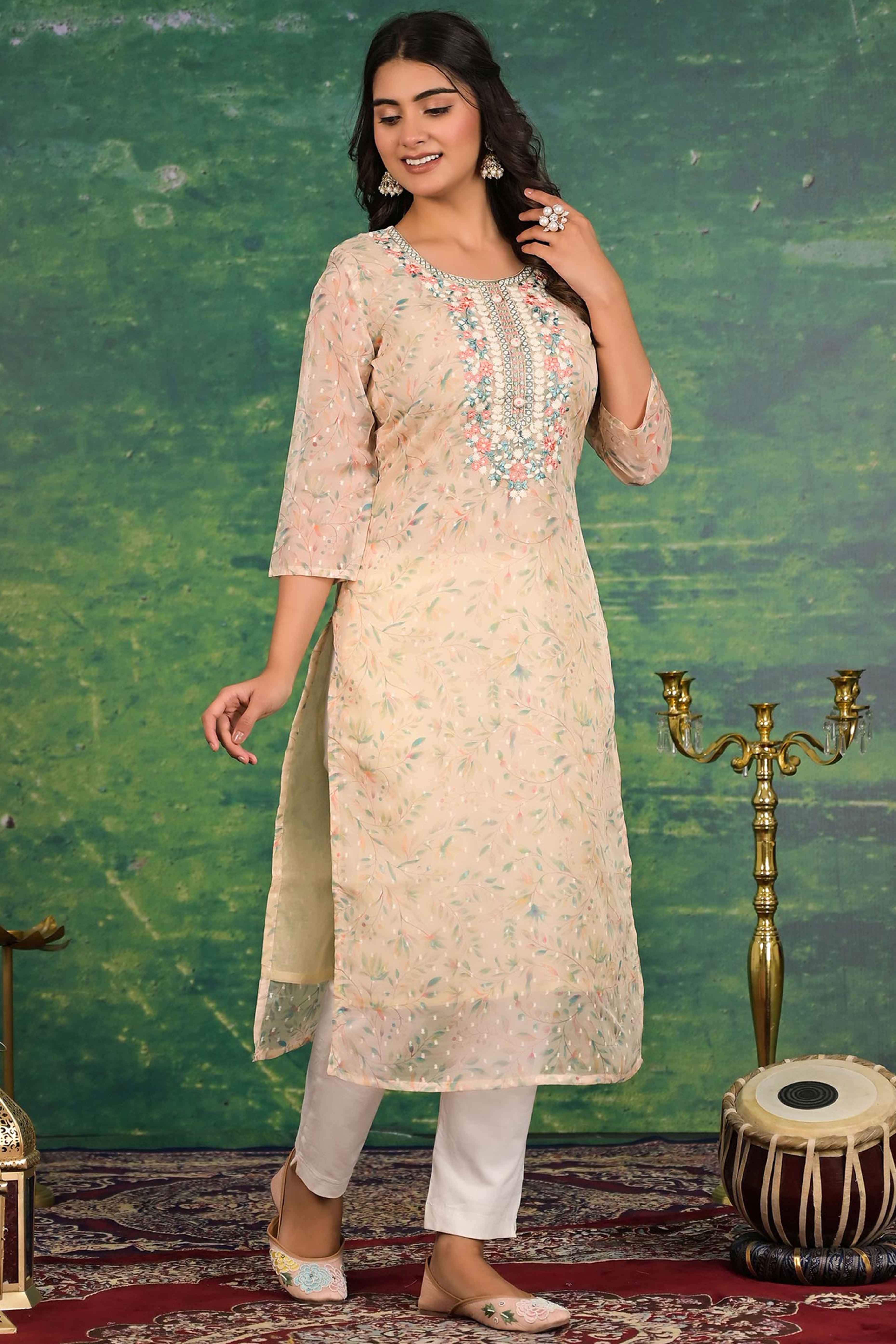 Off White Floral Printed Organza Straight Kurti