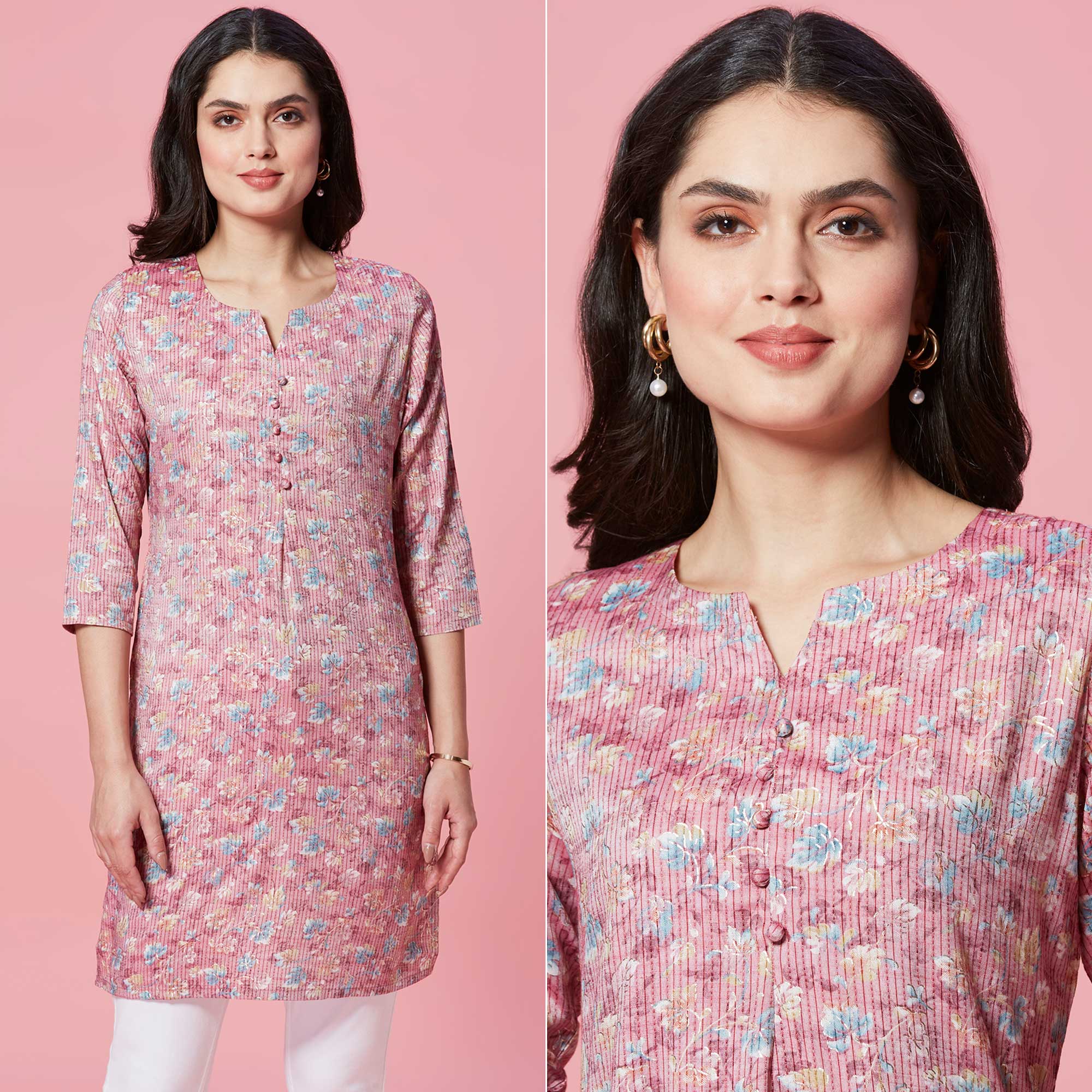 Mauve Floral Printed Pure Cotton Straight Kurti