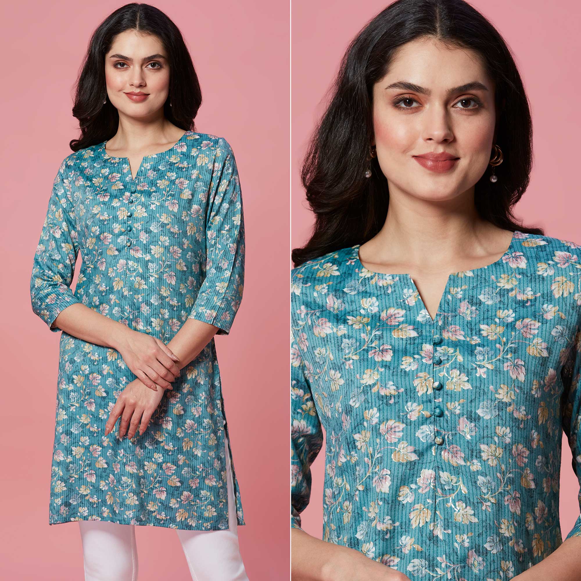 Turquoise Floral Printed Pure Cotton Straight Kurti