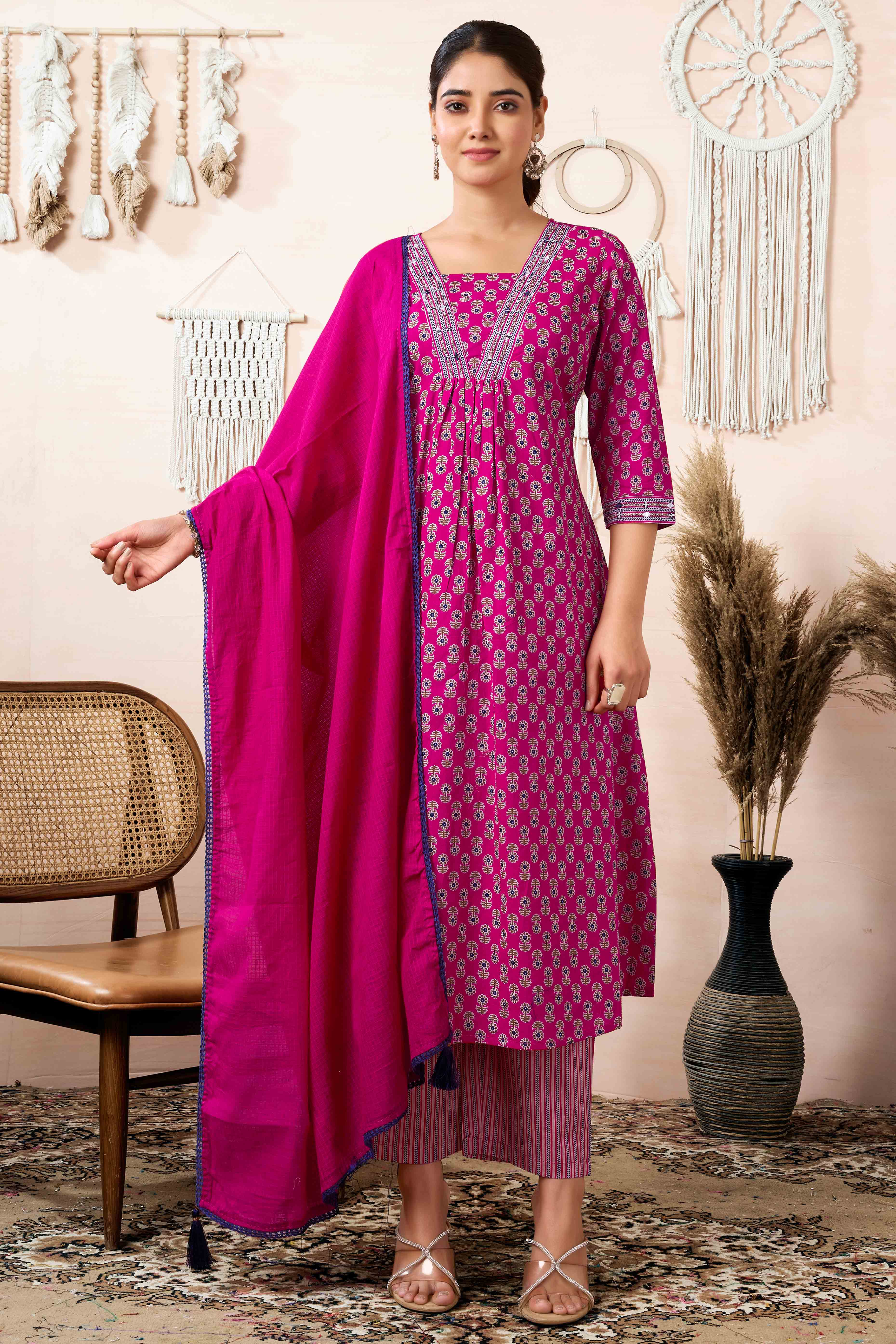 Pink Floral Printed Pure Cotton A-Line Salwar Suit