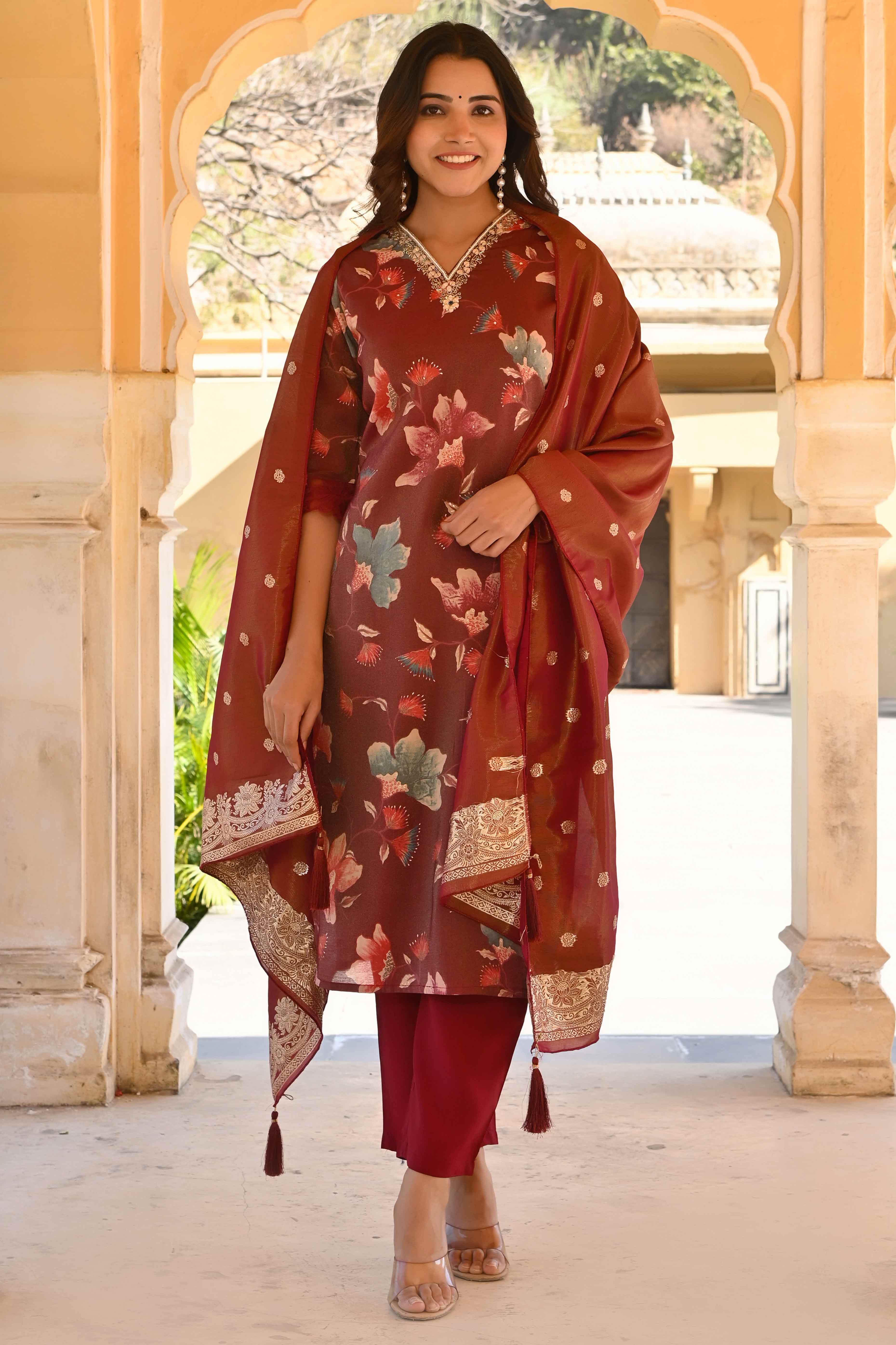 Wine Floral Foil Pinted With Handwork Viscose Salwar Suit