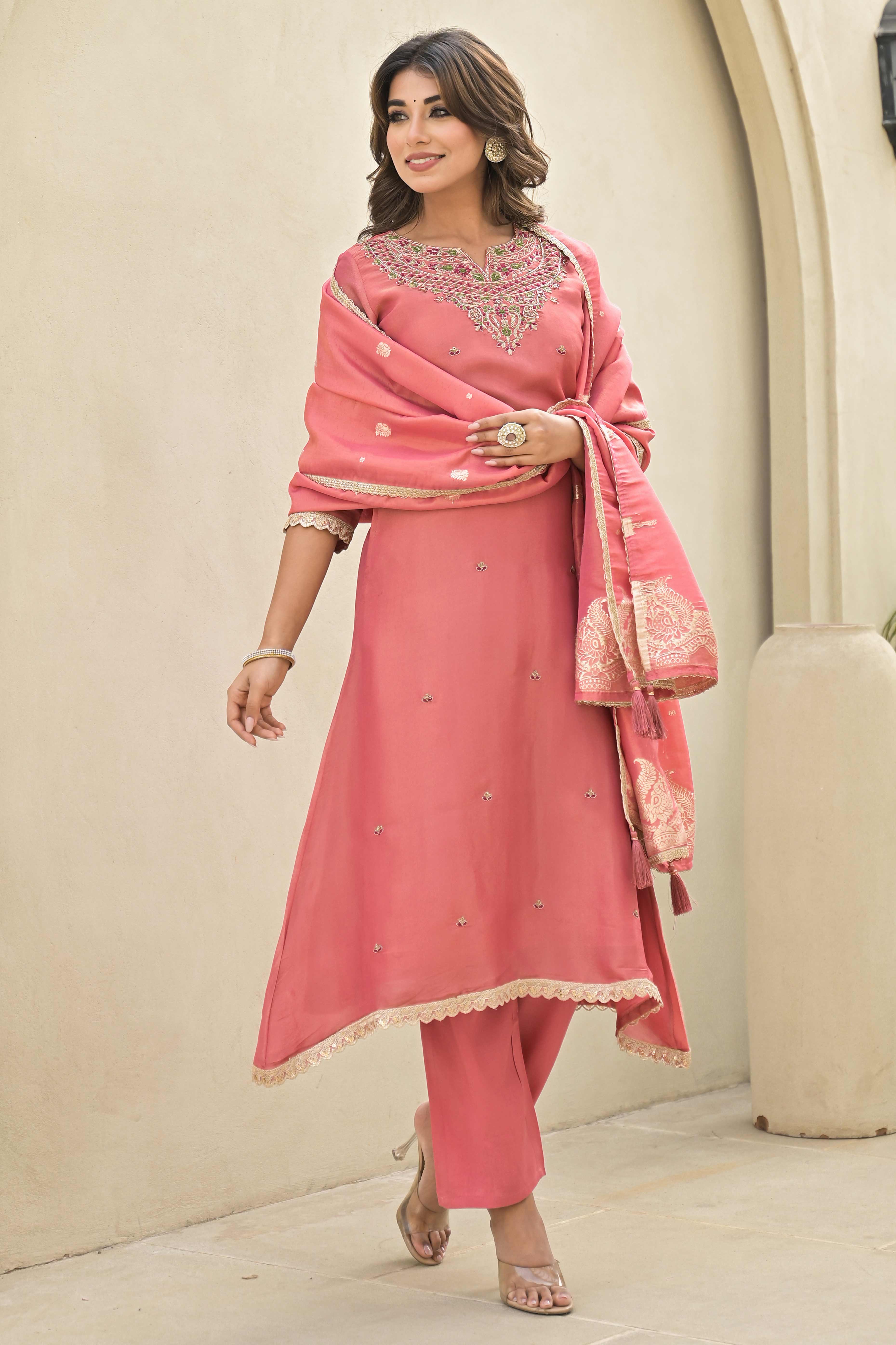 Peach Stone Work Embroidered Kanjivaram Silk Anarkali Salwar Suit