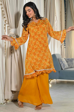Mustard Bandhani Printed Chinon Co-Ord Set