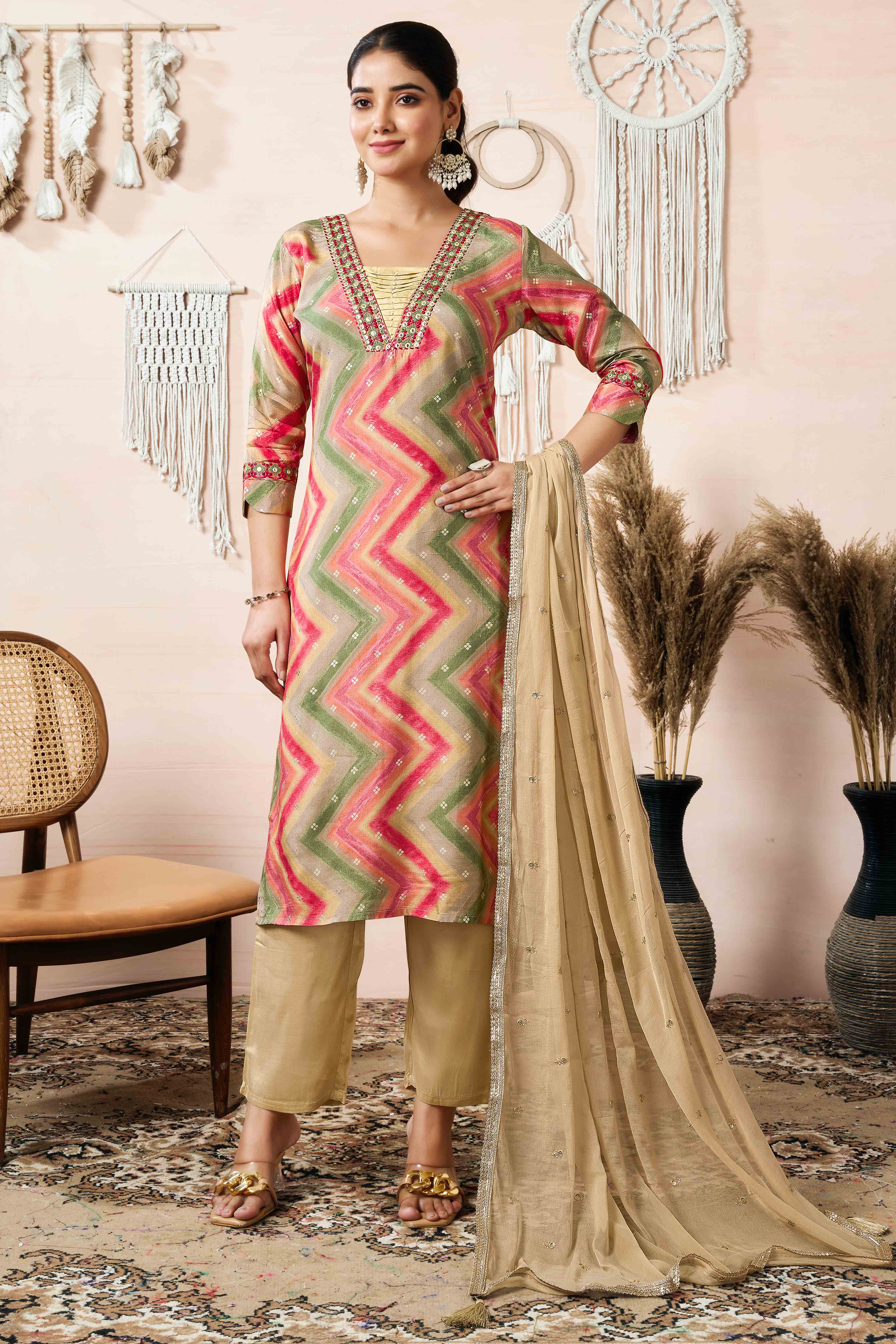 Dark Peach Embroidery With Printed Muslin straight Salwar Suit