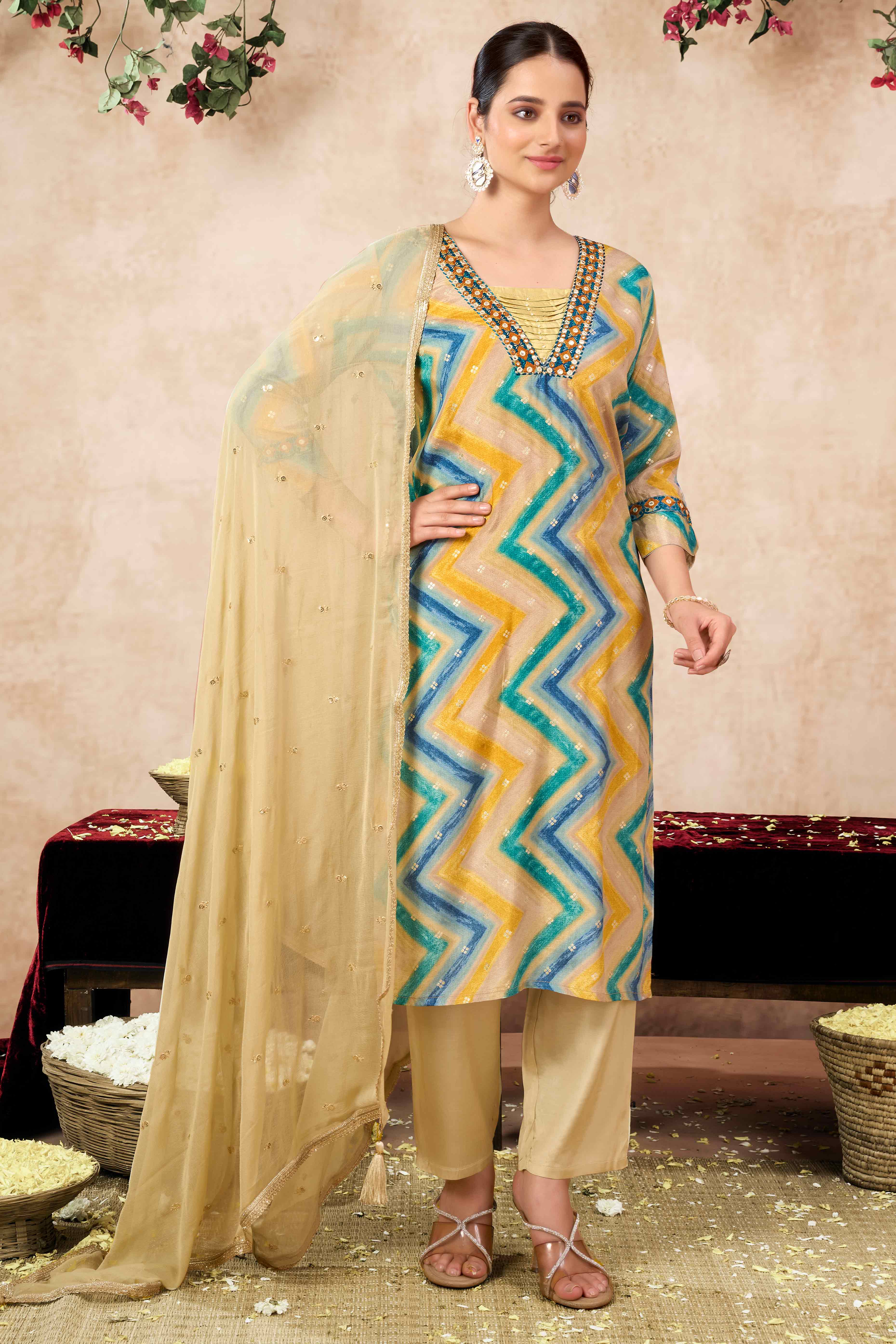 Morpich Embroidery With Printed Muslin Straight Salwar Suit