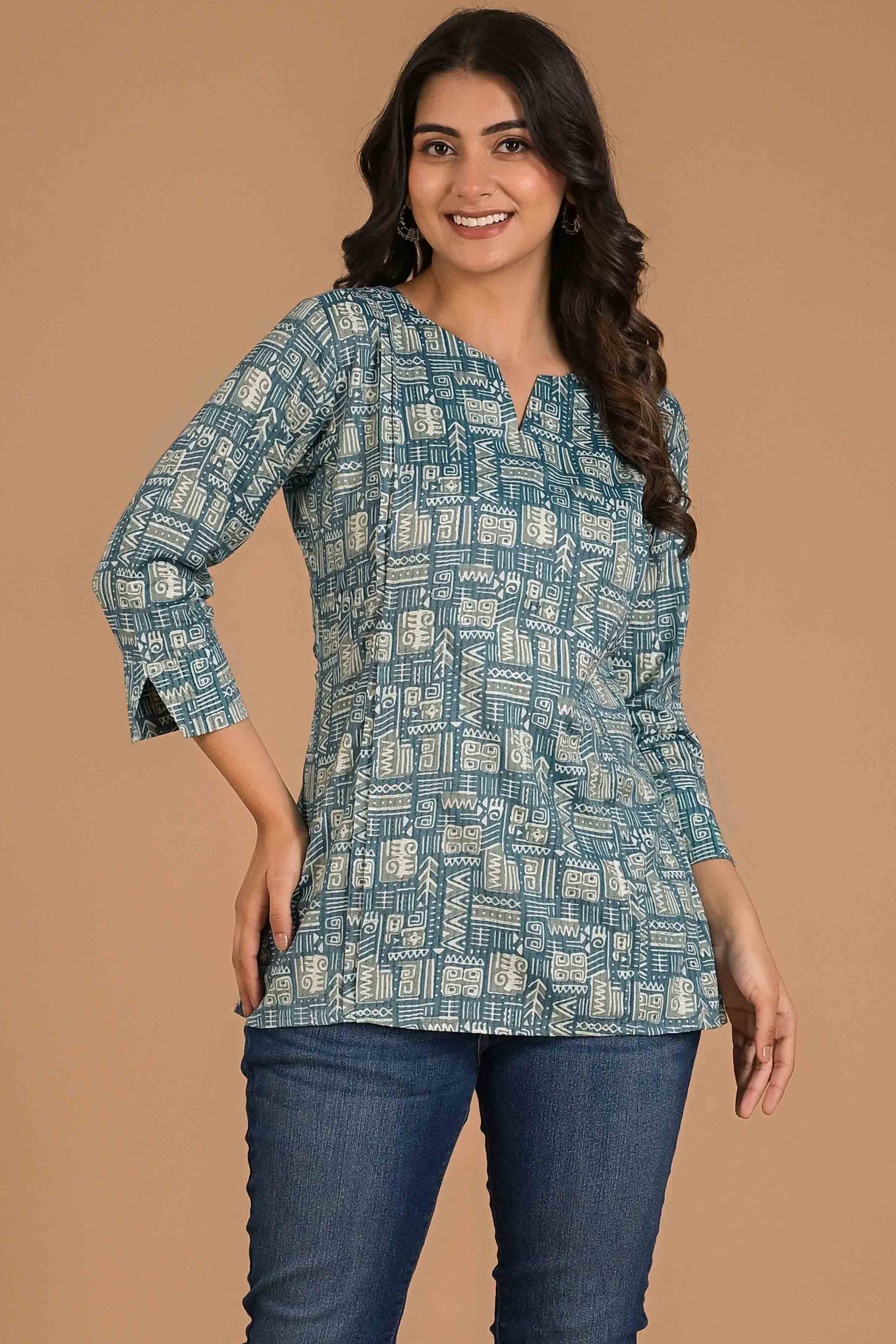 Blue Printed Pure Cotton Straight Top