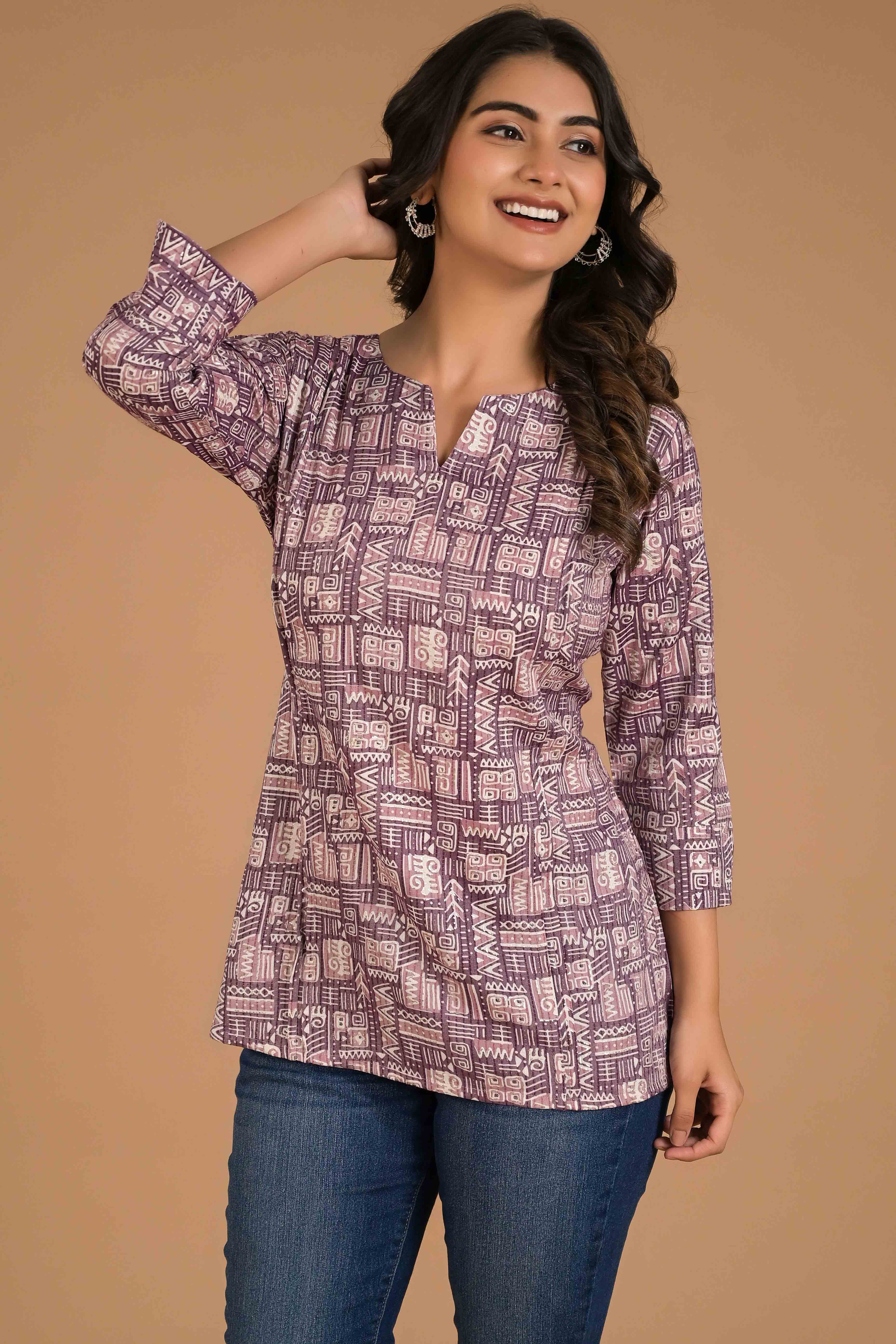 Pine Purple Printed Pure Cotton Straight Top