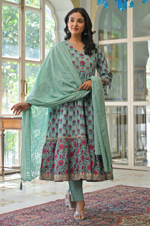 Mint Green Zardosi Work Floral Printed Pure Cotton Anarkali Salwar Suit