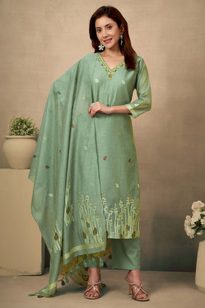Light Green Hand-Embroidered Chanderi Jamdani Suit with Luxe Details