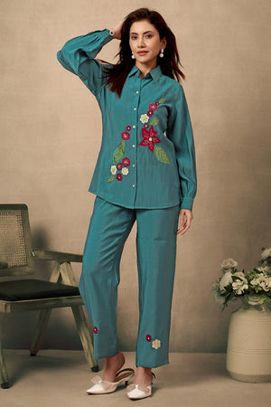 Dark Teal Elegance Chanderi Silk Floral Patchwork Co-Ord Set