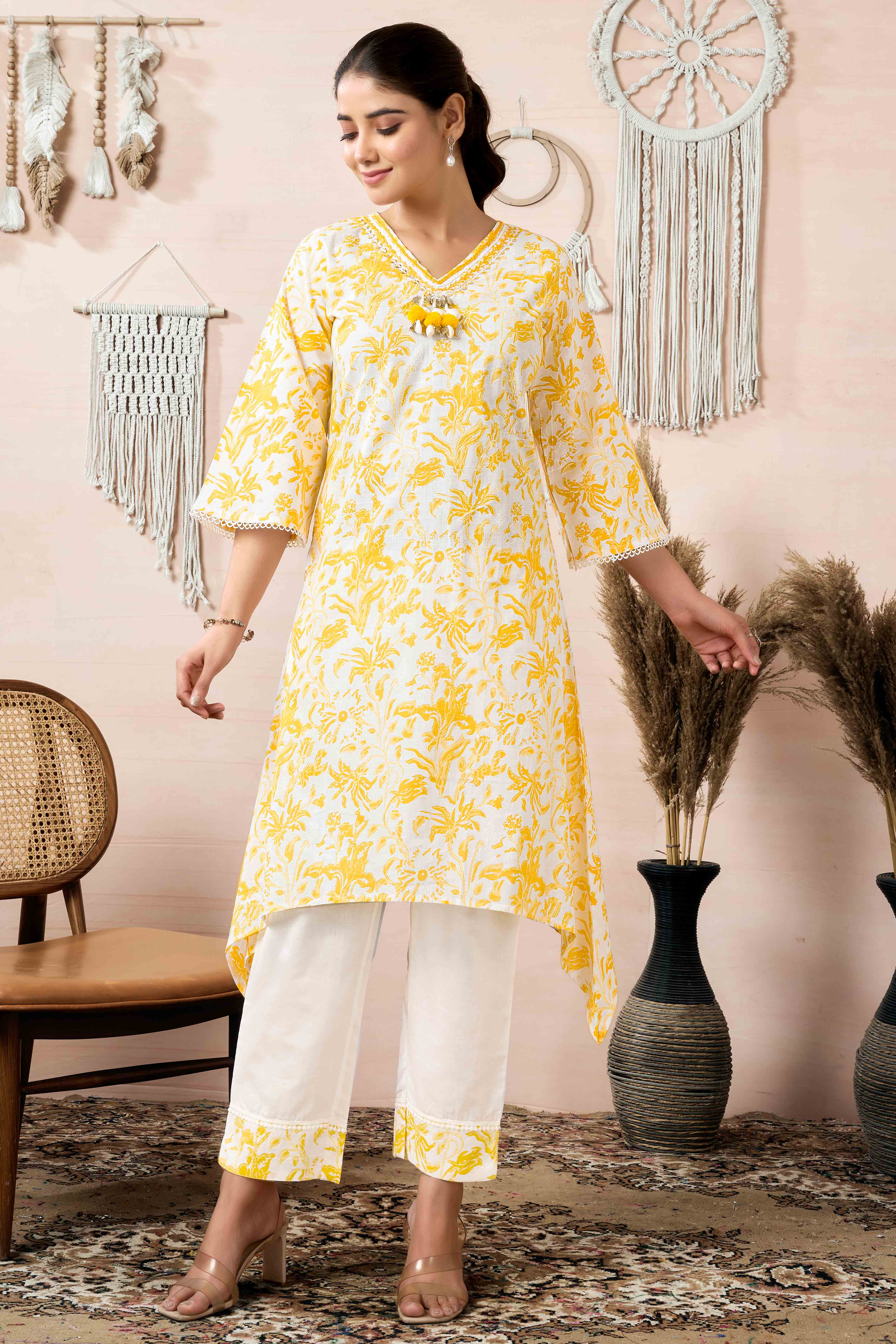 White & Mustard Floral Printed Pure Cotton A-Line Top Bottom Set