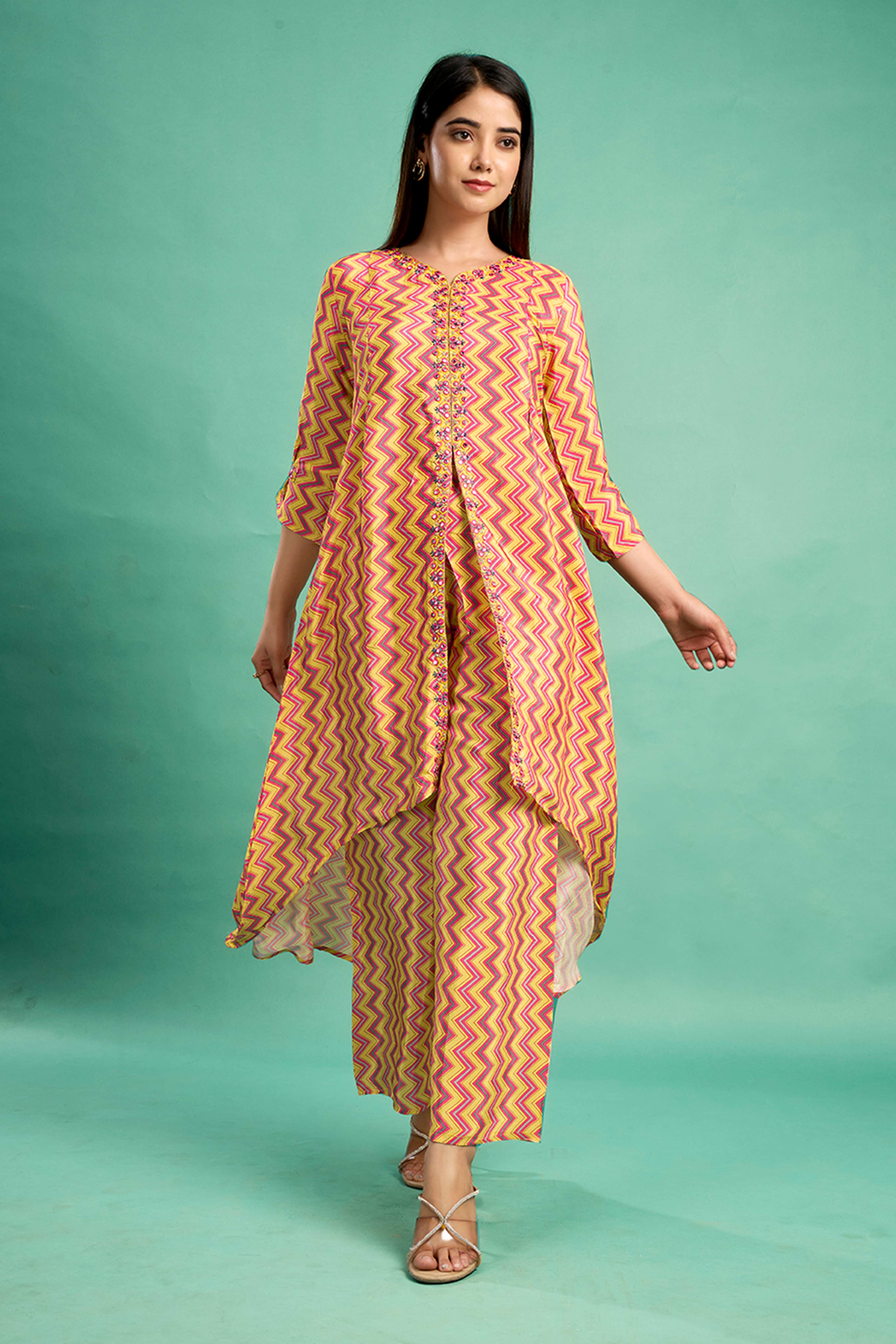 Yellow Zig Zag Printed Muslin Front Slit Co-Ord Set