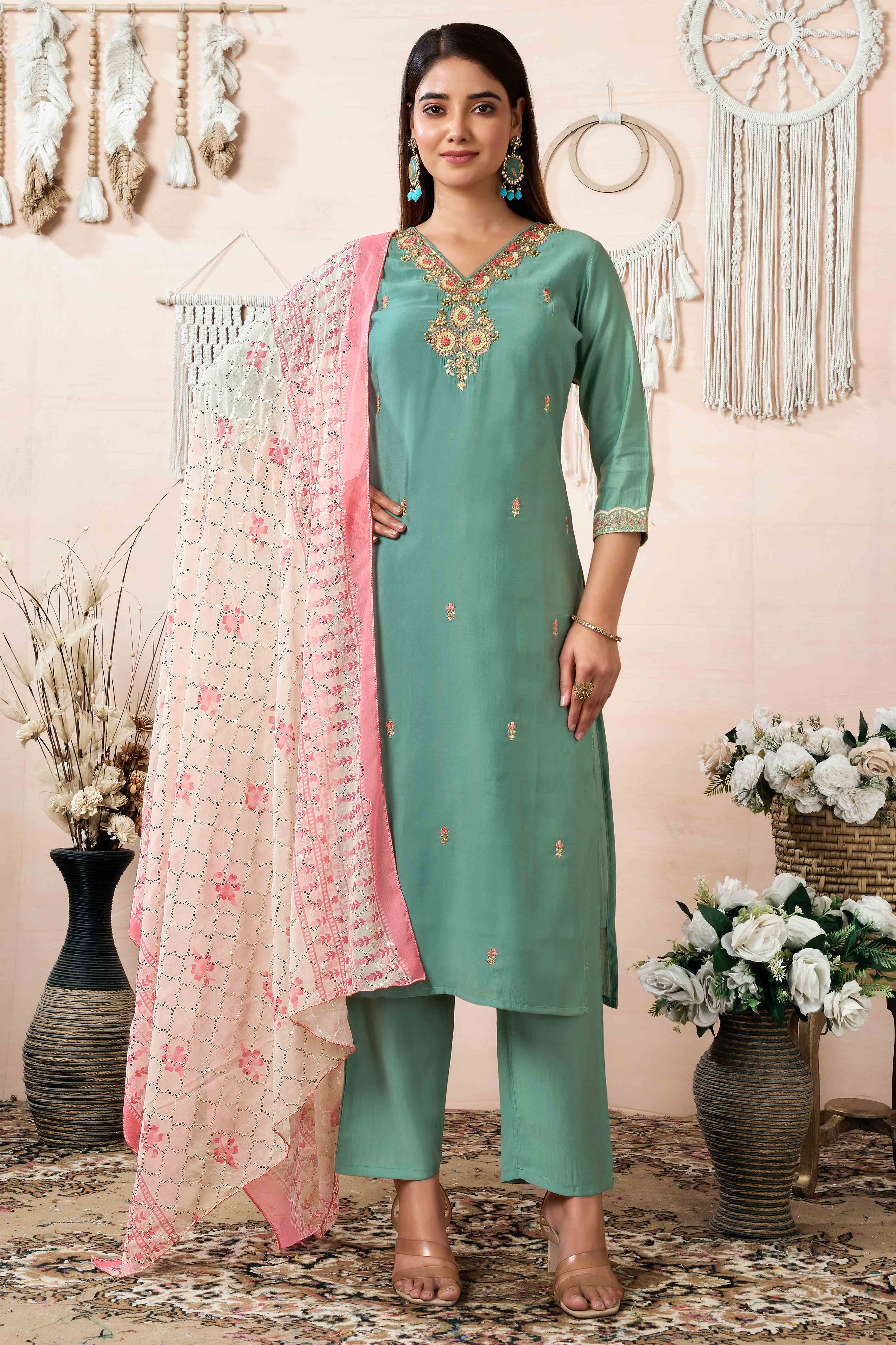 Sea Green Beads Embroidered Chanderi Silk Straight Salwar Suit