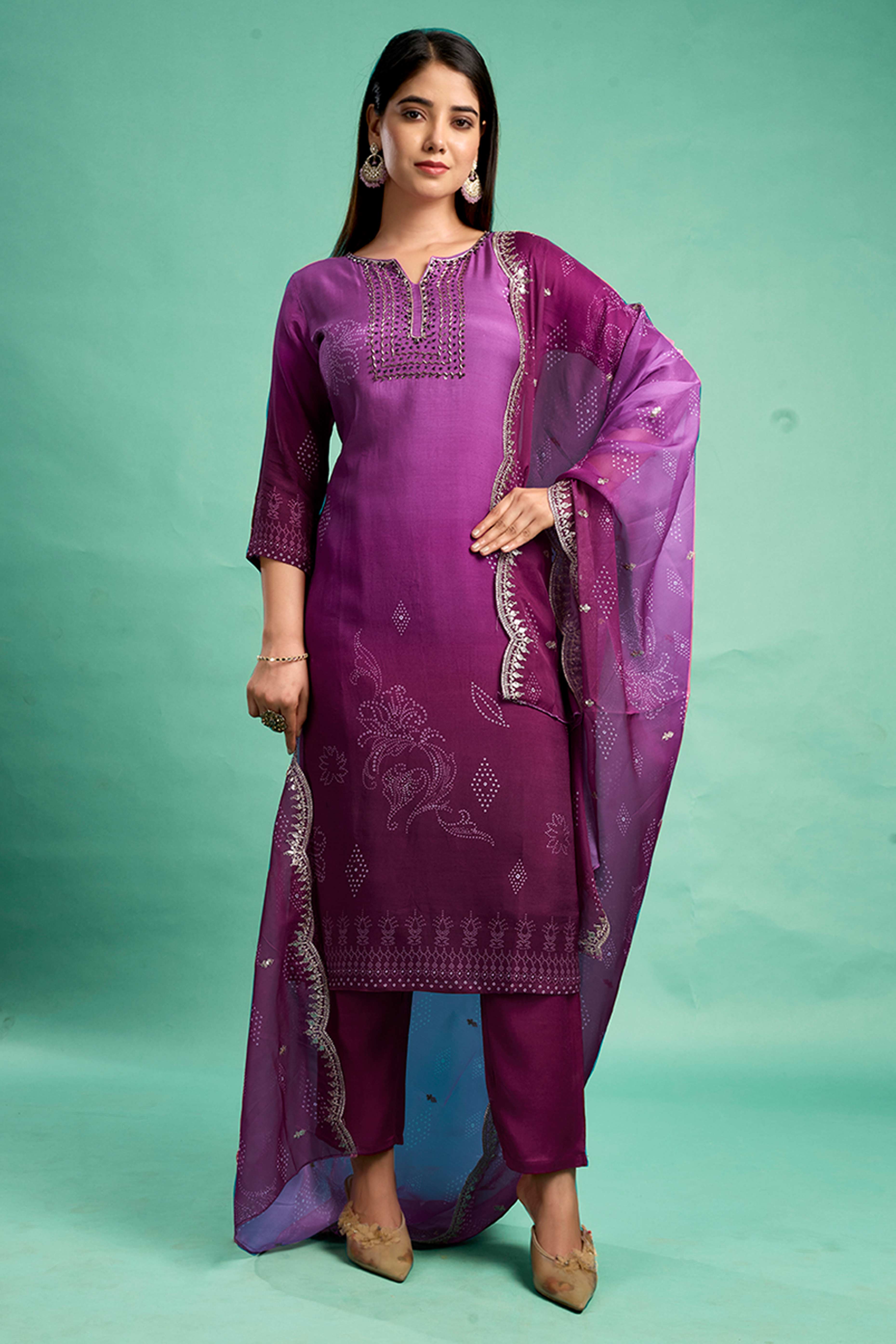 Purple Sequins Embroidered Muslin Straight Salwar Suit