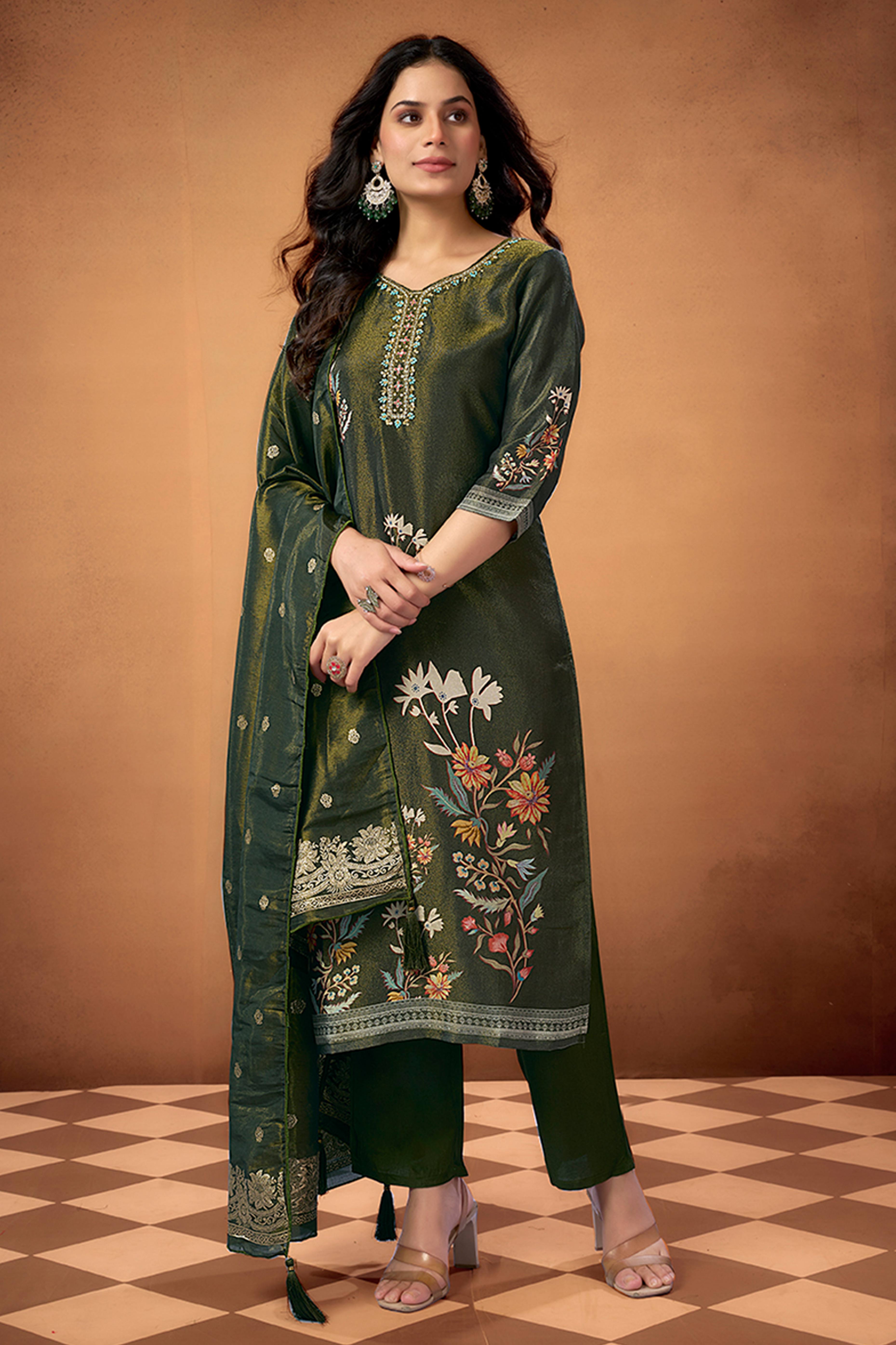 Dark Olive Floral Weaving Shimmer Straight Salwar Suit