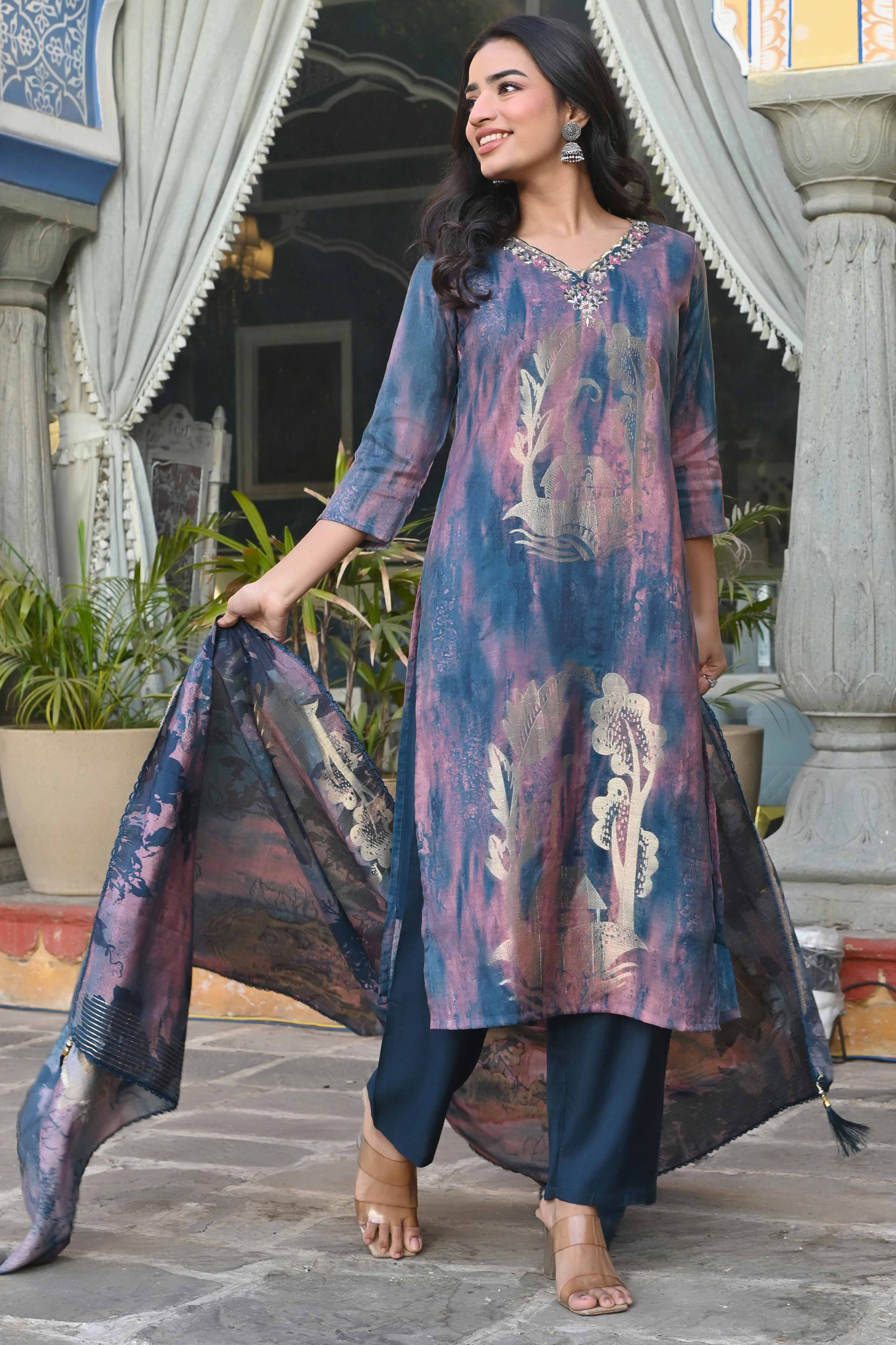 Blue Foil Printed Muslin Straight Salwar Suit